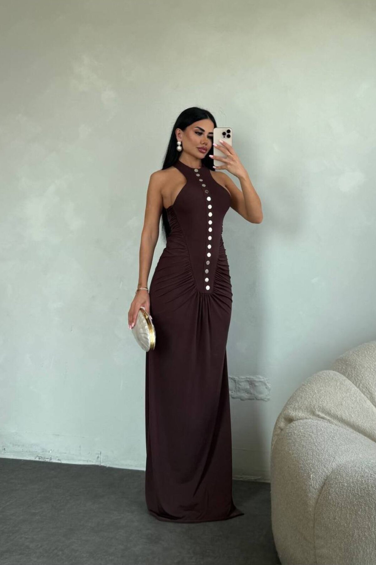 Kahverengi Uzun Gümüş Düğme Detaylı Elbise - limited black