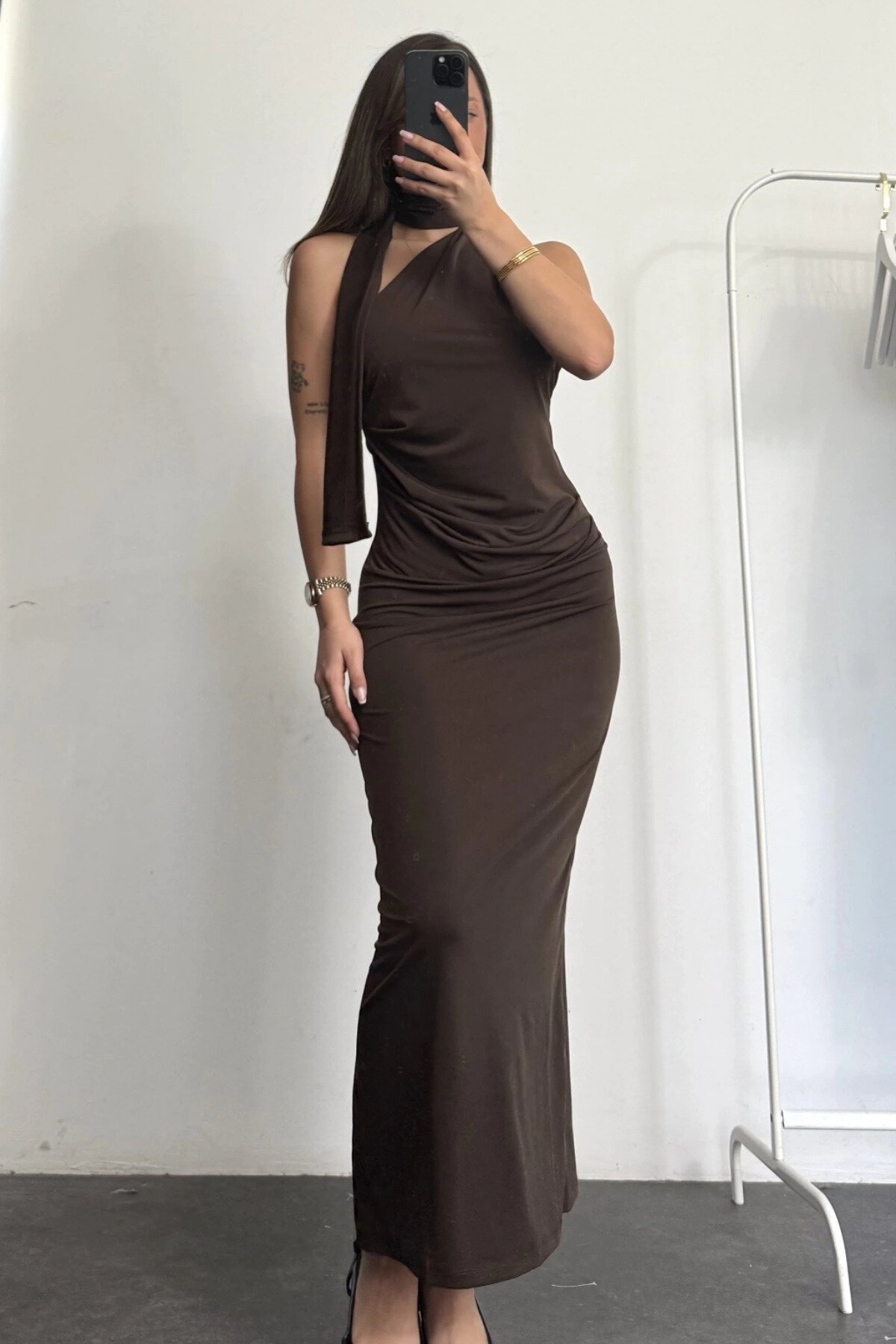 Brown Long One-Shoulder Draped Evening Dress with Scarf Detail - MOZENA