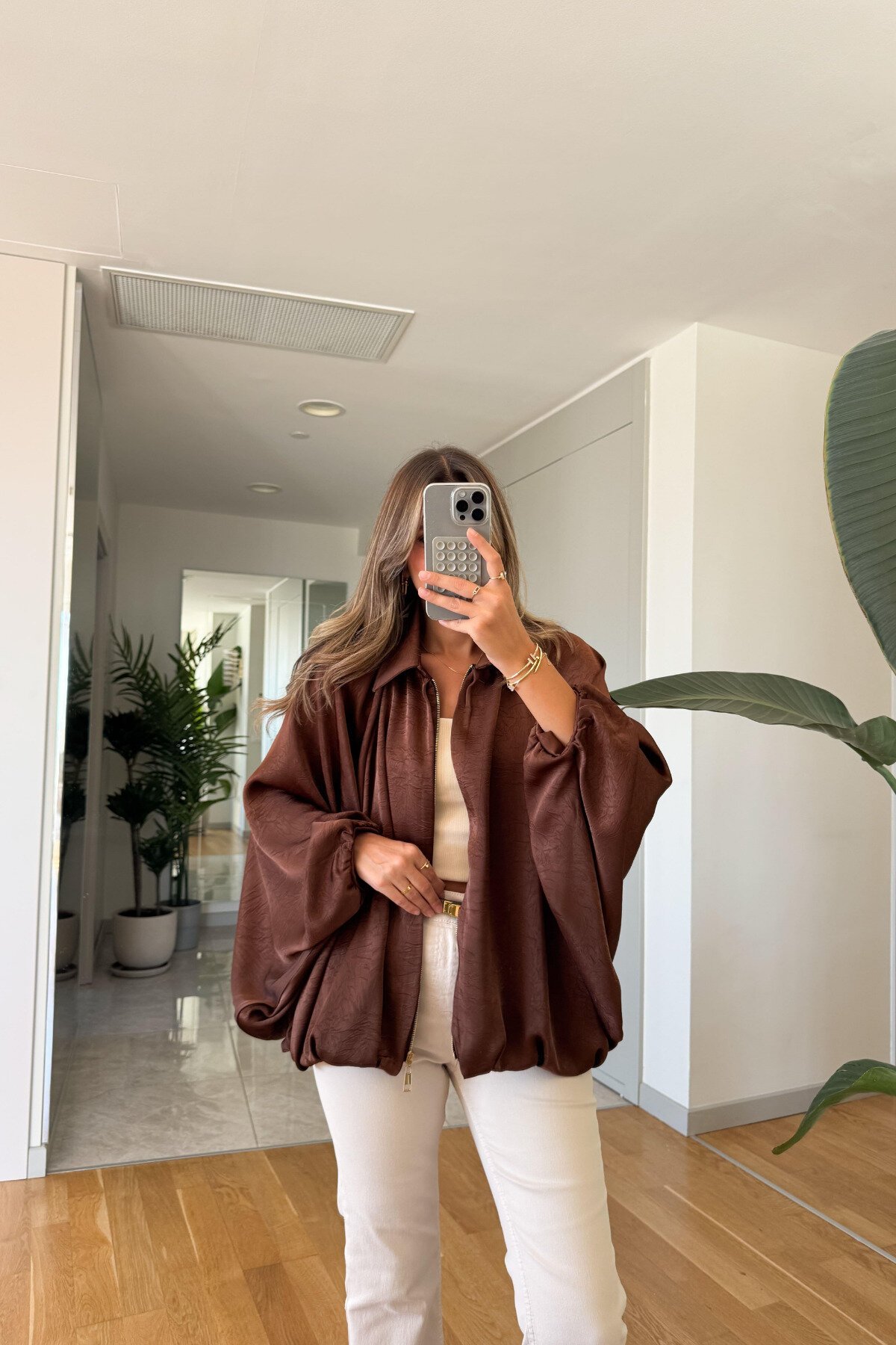Brown Batwing Sleeve Satin Zipped Bomber Jacket - MOZENA