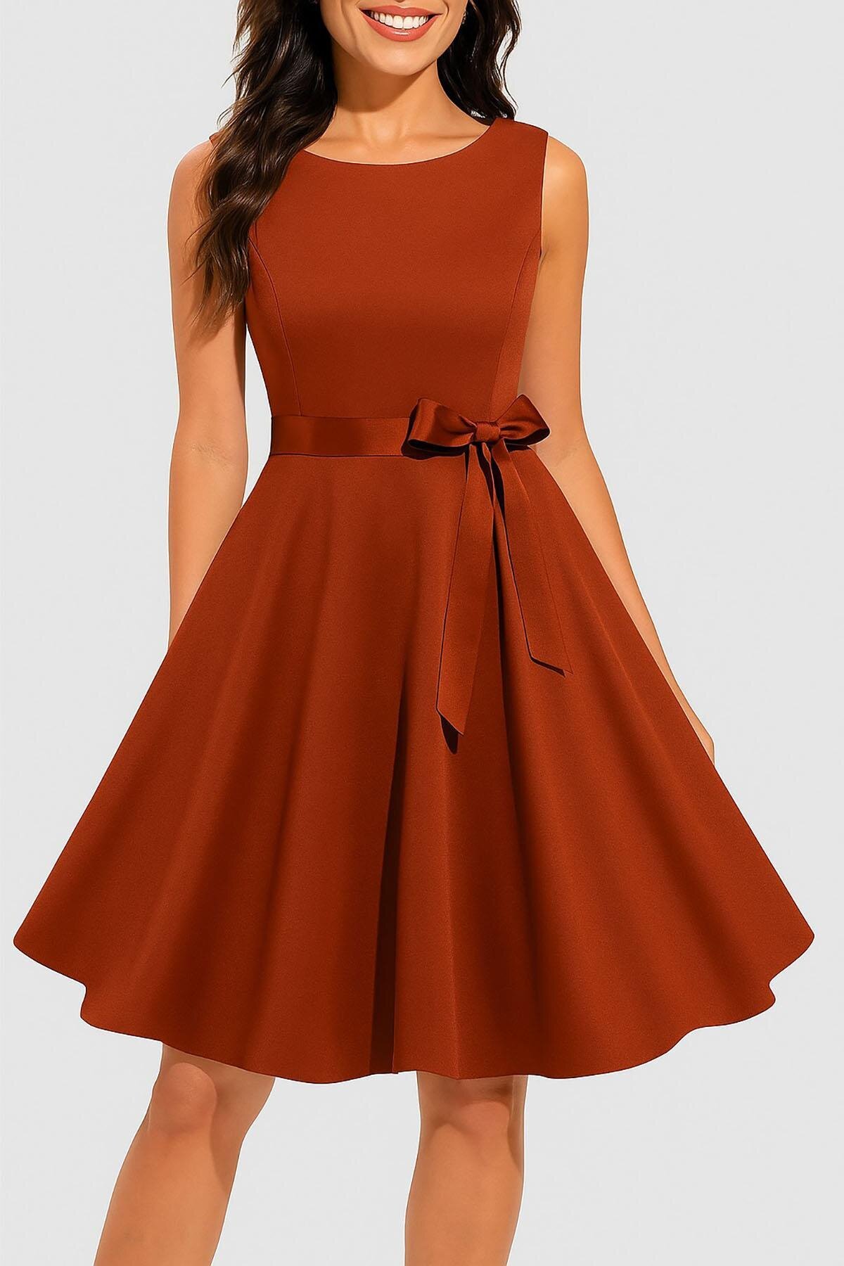 Terracotta Midi Thick Strap Round Neck Belted Pleated Crepe Dress - Deafox