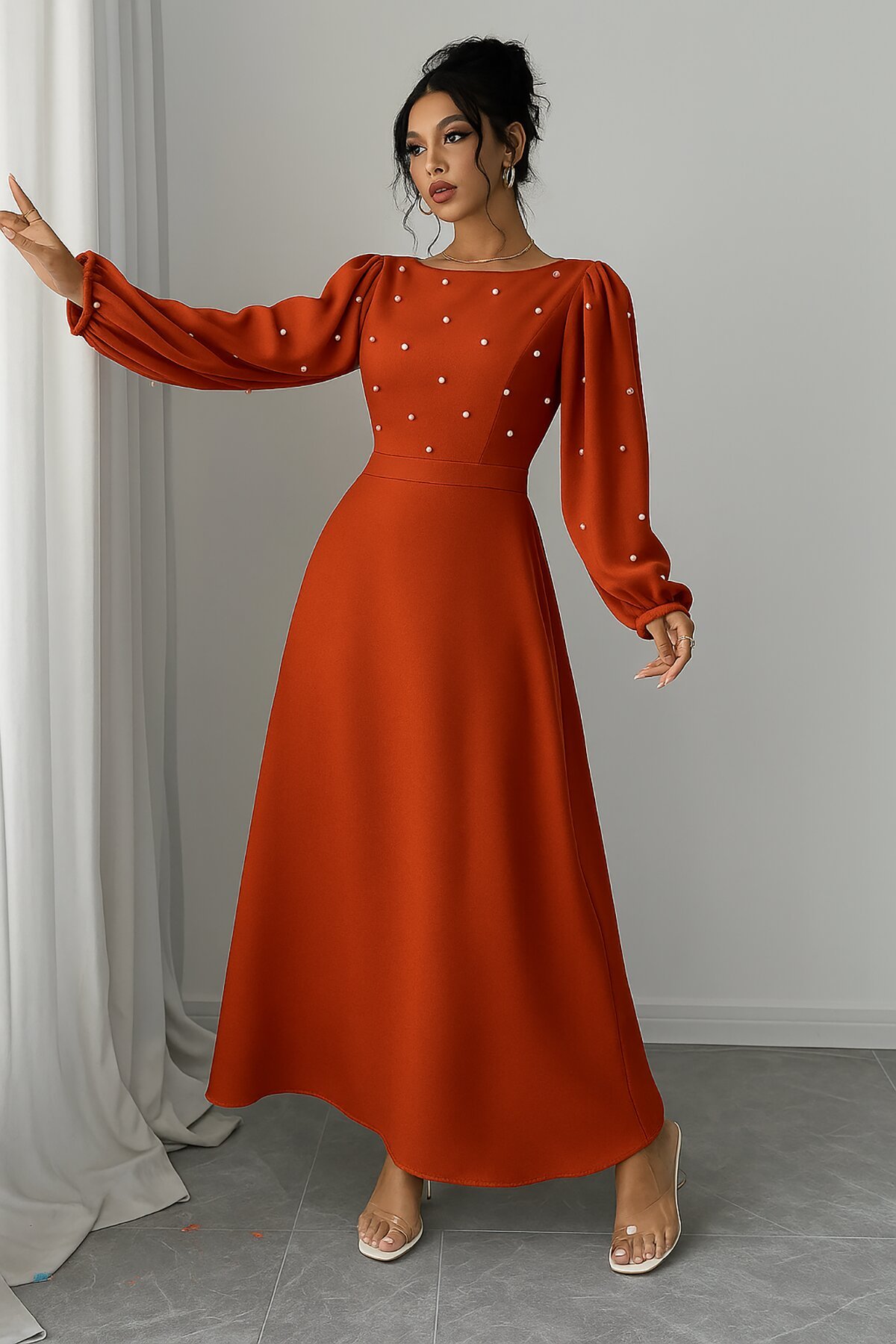 Terracotta Long Pearl Detail Round Neck Princess Sleeve Waist Cut-out Self-Belted Crepe Fabric Dress - Deafox