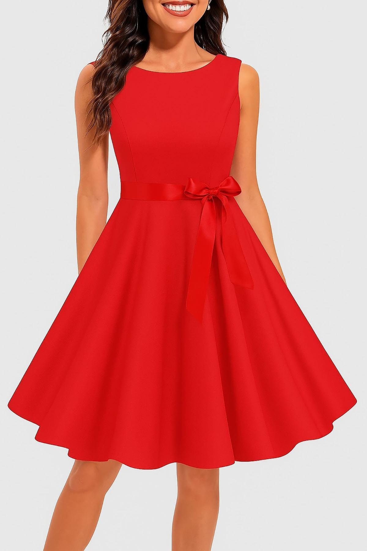 Red Midi Thick Strapped Round Neck Belted Pleated Crepe Fabric Dress - Deafox