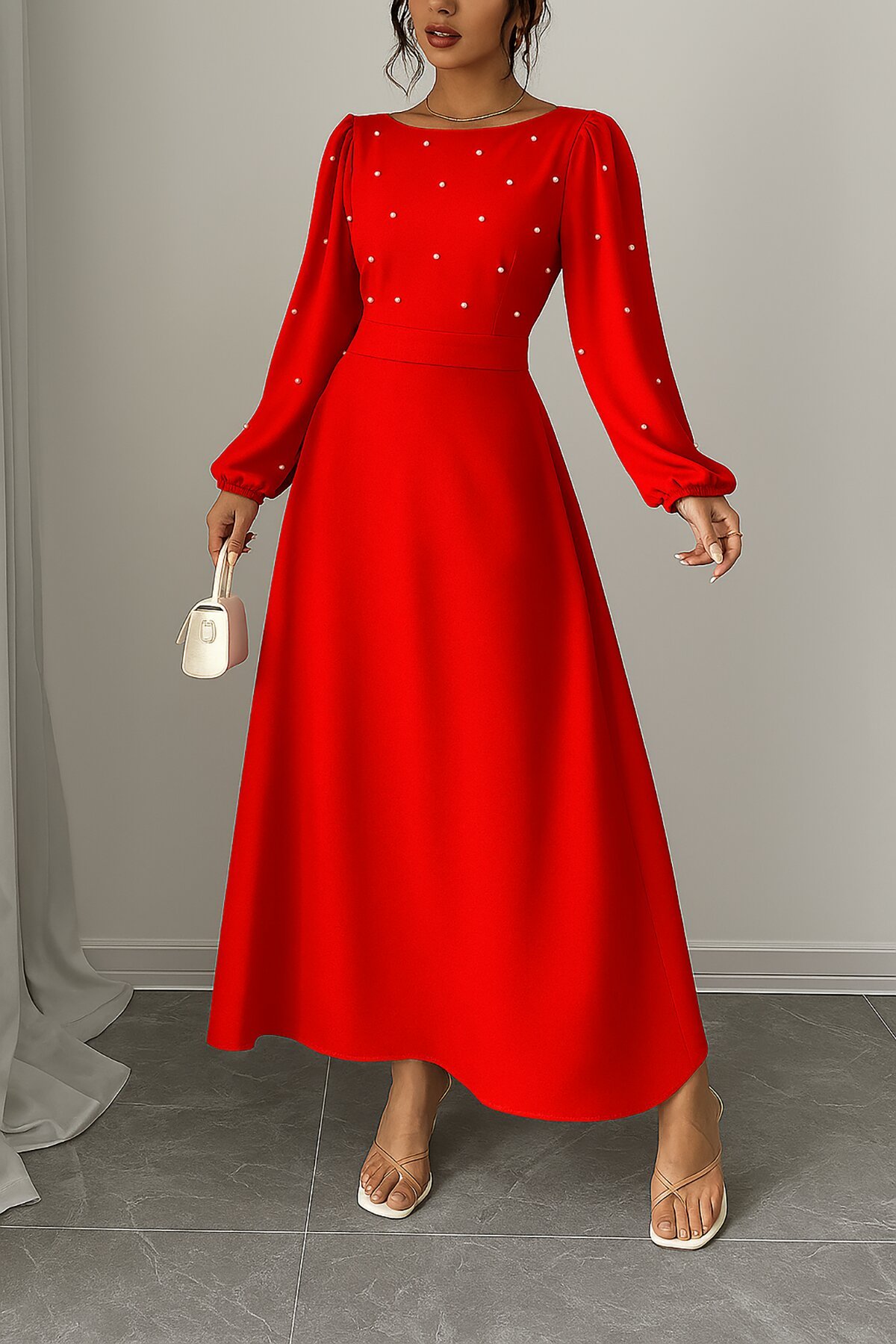 Red Long Pearl Detail Round Neck Princess Sleeve Cut-out Waist Self-Belted Crepe Fabric Dress - Deafox