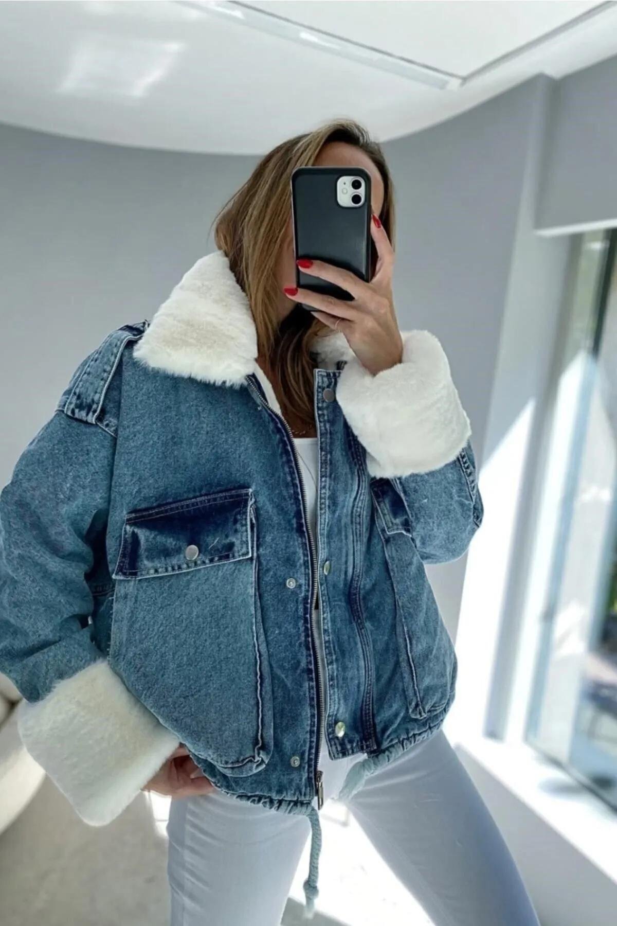 Krem Denim İçi Full Kürklü Mont - BK BOUTİQUE