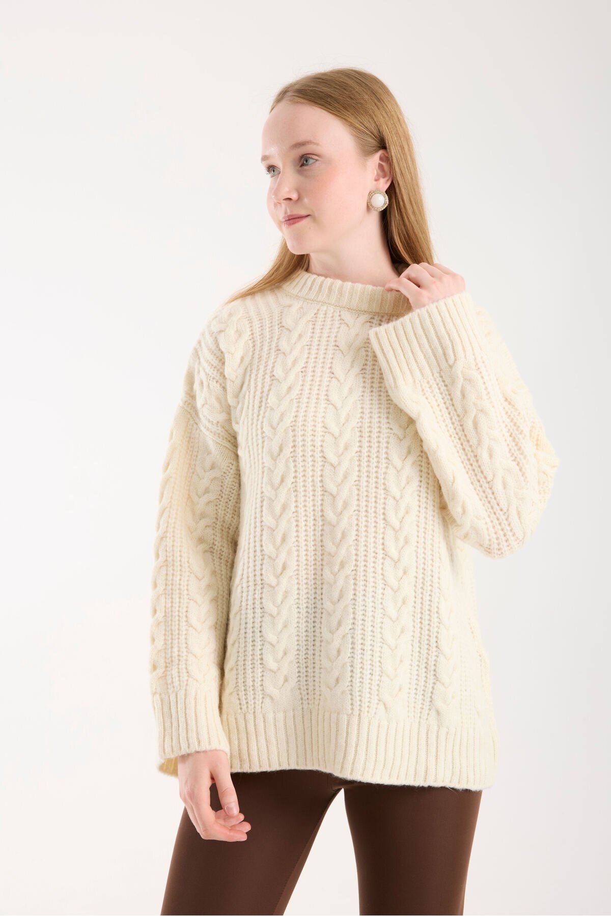 Krem Selanik Örgü Oversize Triko Uzun Kazak - İLKCET MODA