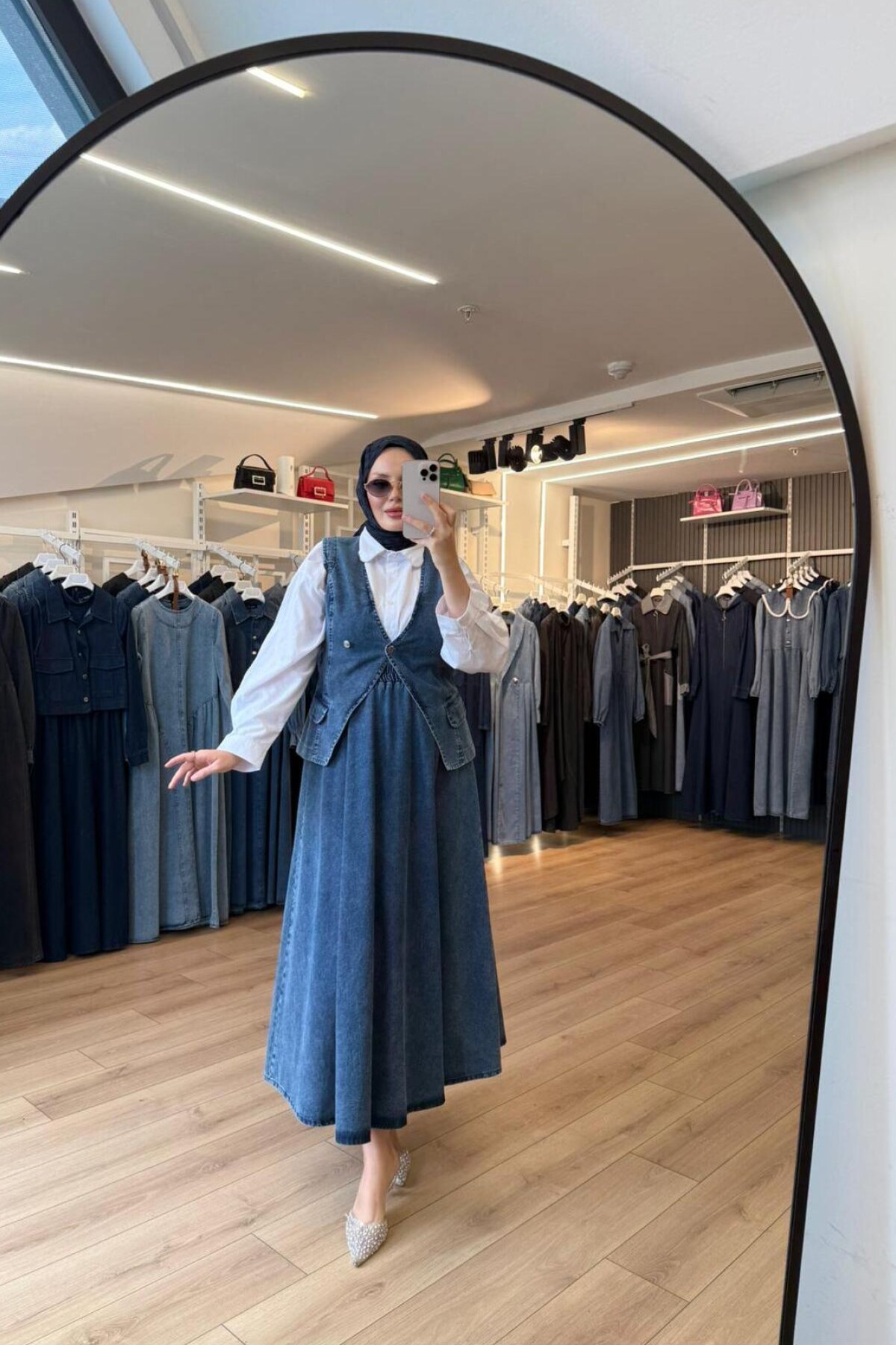 Lacivert Çift Düğmeli Cep Kapaklı Yelek Etek Denim İkili Tesettür Takım - OlaLady