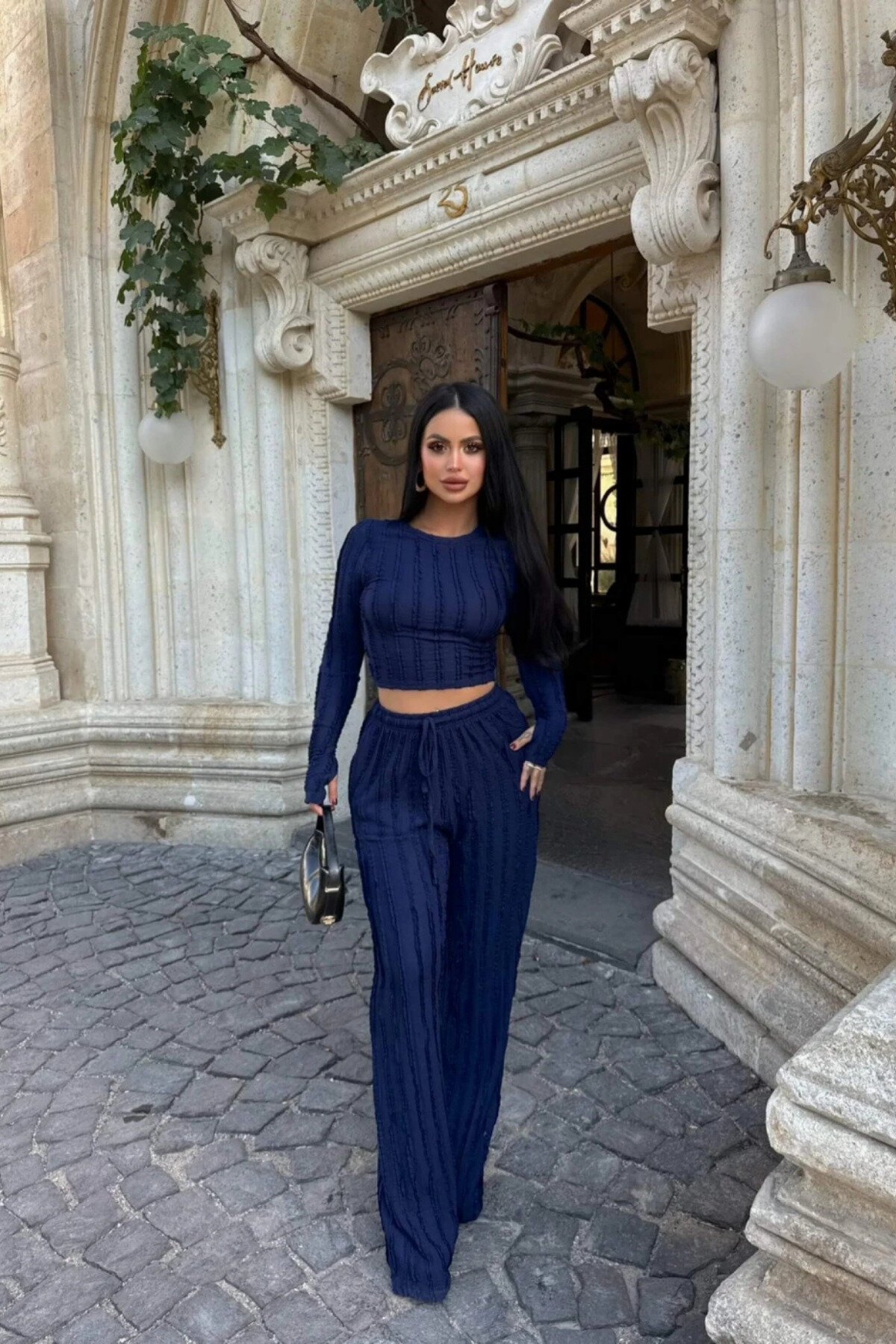 Navy Blue Ribbed Reverse Stitch Two-Piece Set - MOZENA
