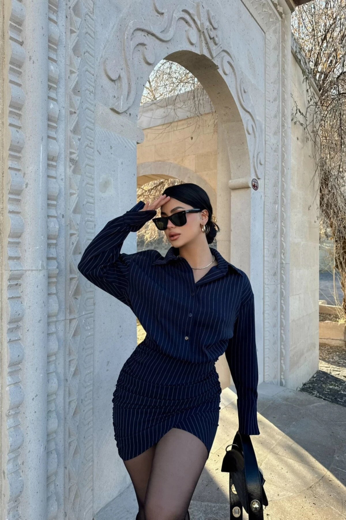 Navy Blue Mini Striped Double Fabric Shirt Dress - MOZENA