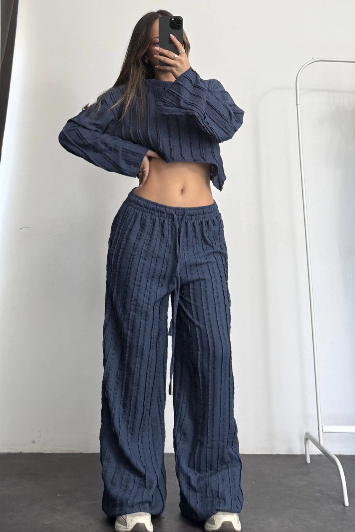 Navy Blue Reverse Stitch Bell Sleeve Crop Top & Pants Co-ord Set - MOZENA