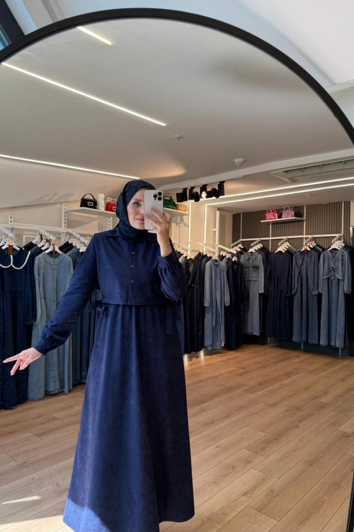 Navy Blue Side-Tied Vested Suede Modest Dress - OlaLady