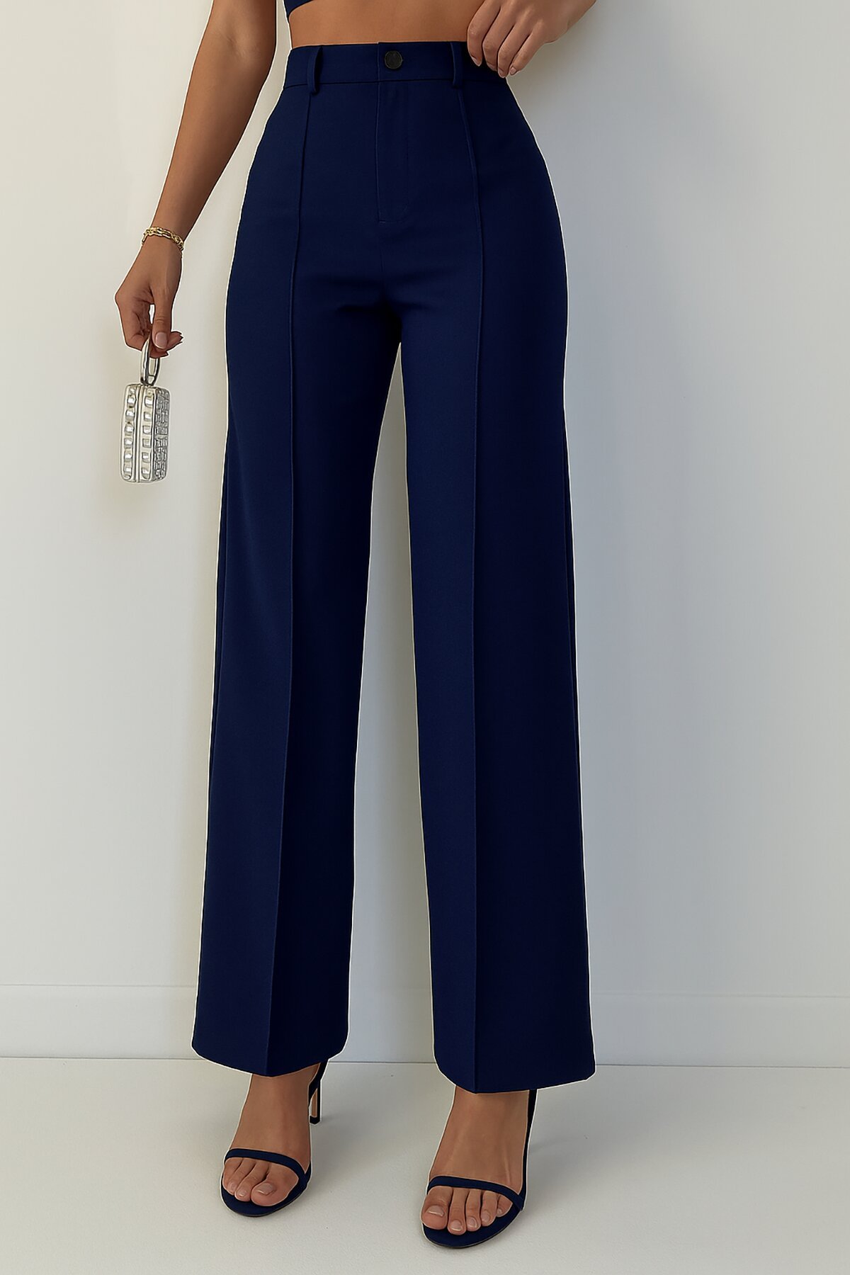Navy Blue High Waist Topstitched Zippered and Buttoned Crepe Fabric Trousers - Deafox