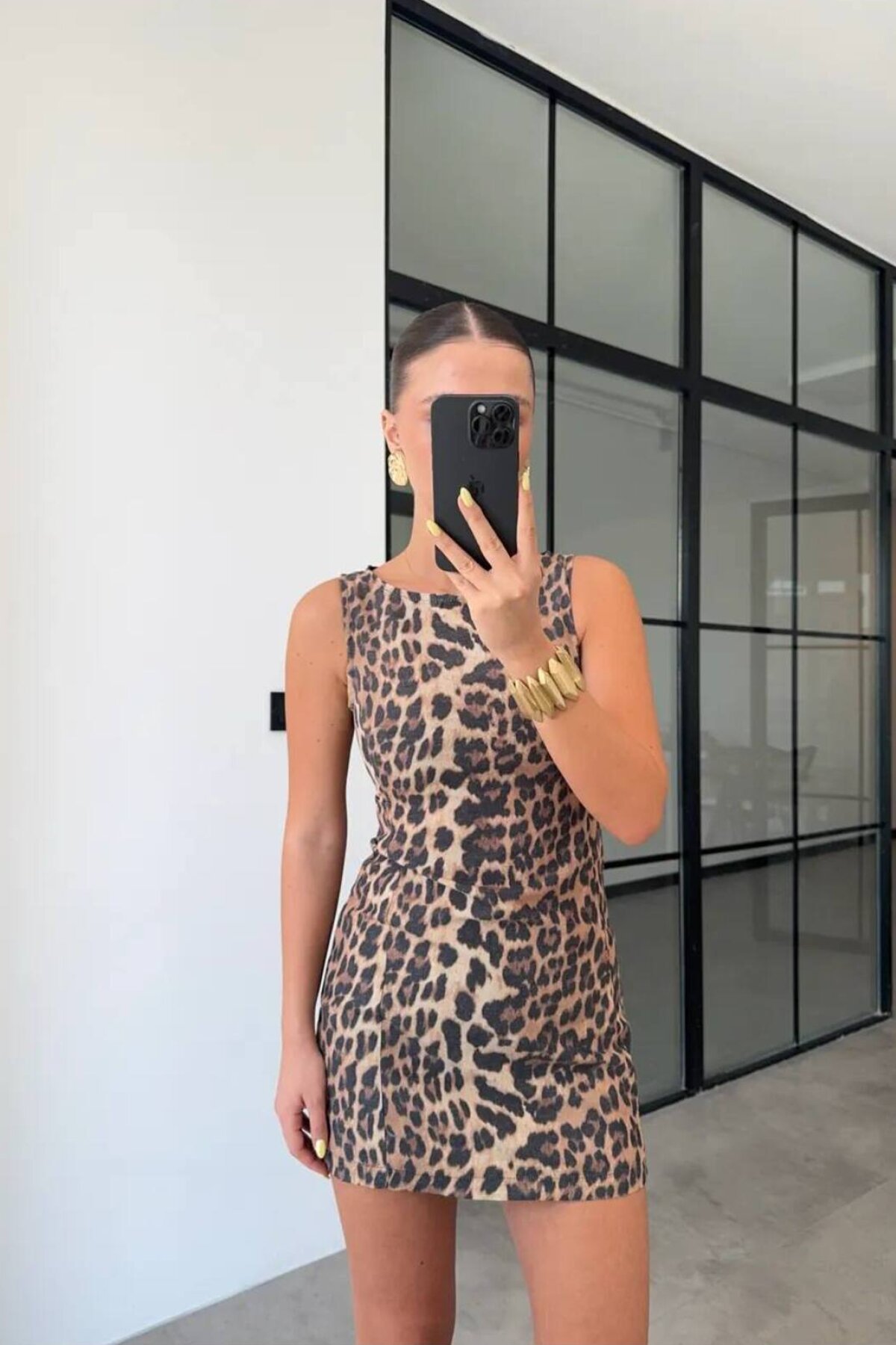Leopar Mini Eskitme Desenli Dar Kesim Elbise - İLKCET MODA