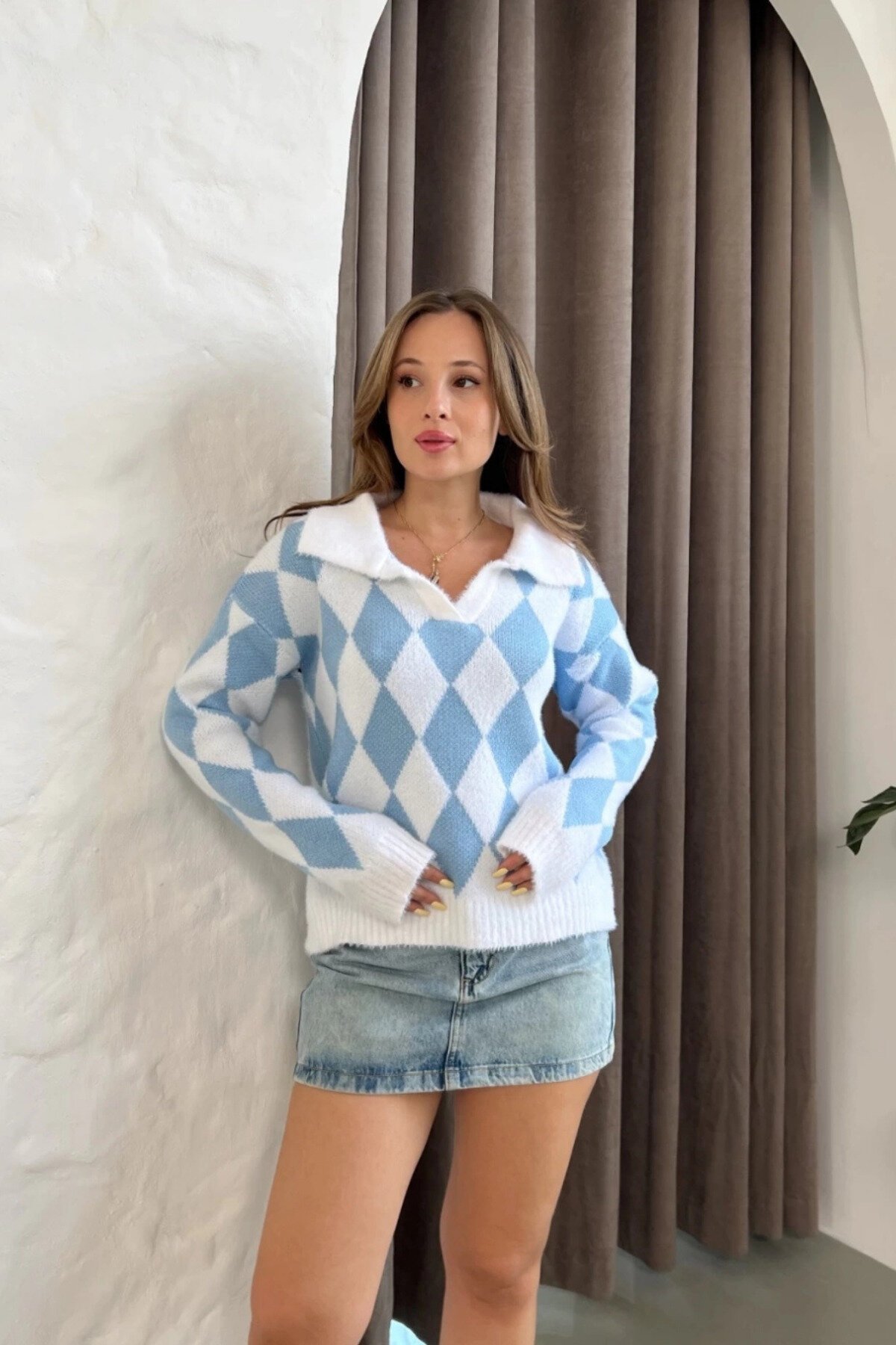 Blue Baklava Pattern Knit Polo Collar Sweater - MOZENA