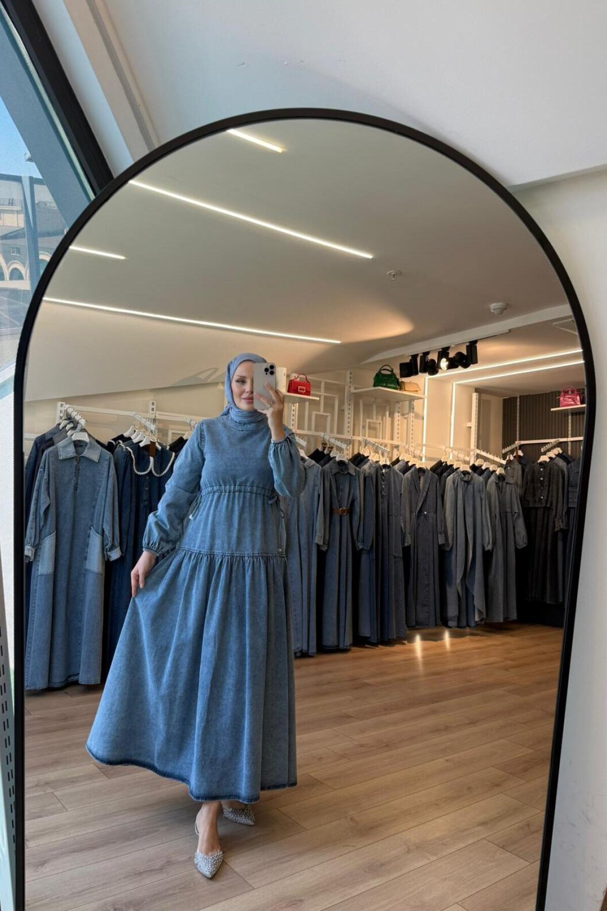 Blue Gathered Drawstring Waist Tiered Flared Denim Modest Dress - OlaLady
