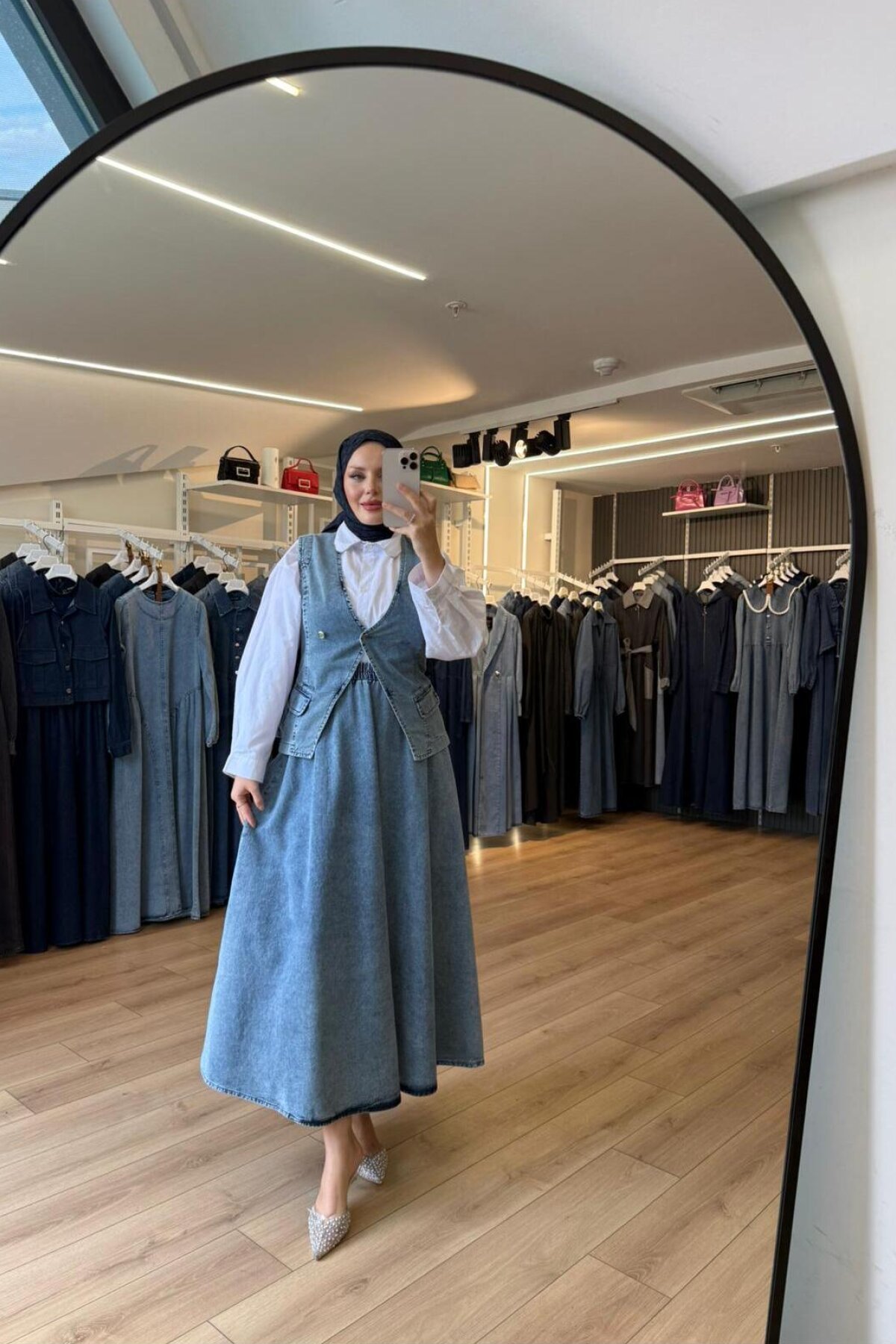Blue Double-Buttoned Flap Pocket Denim Vest and Skirt Modest Two-Piece Set - OlaLady