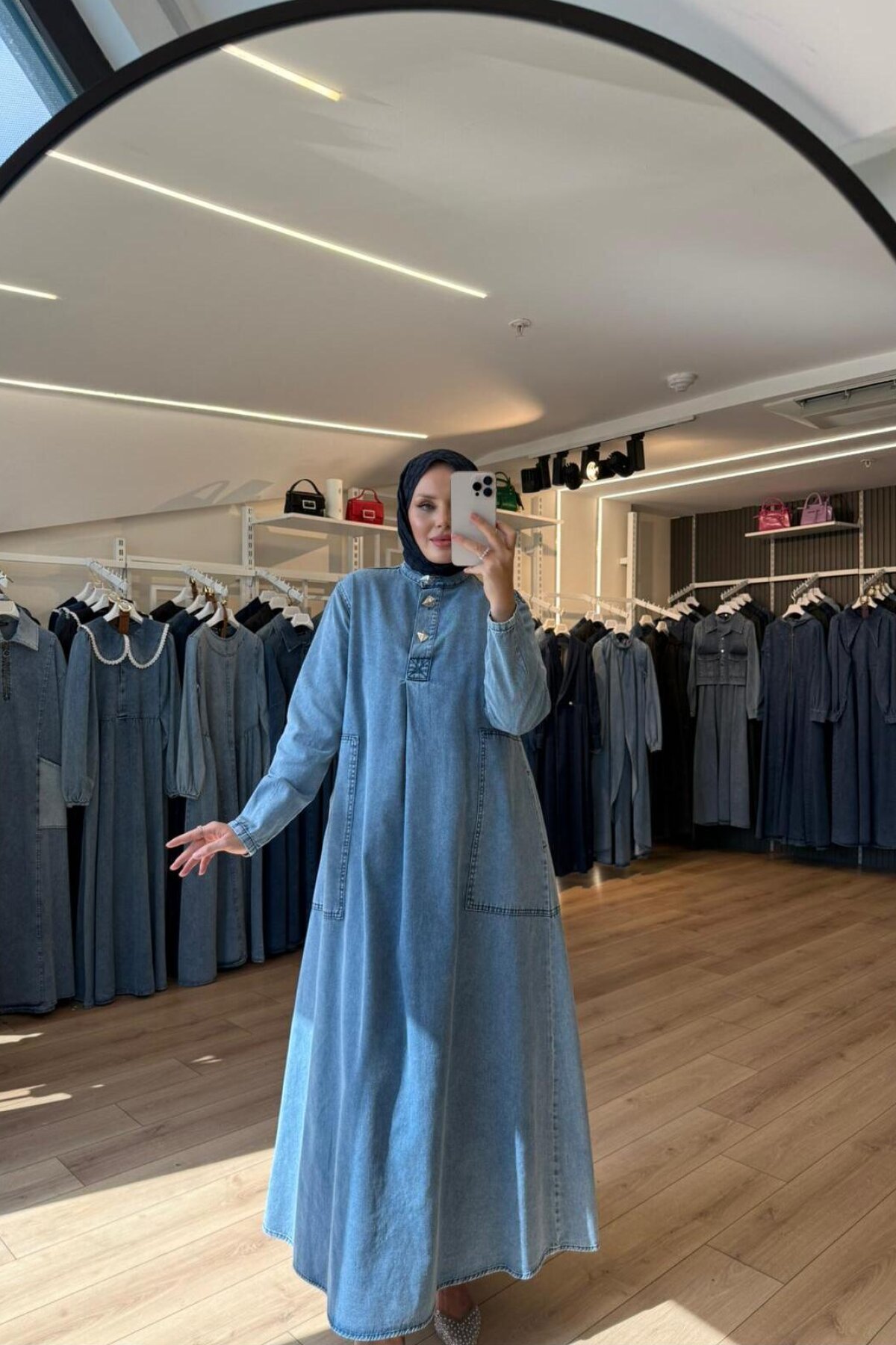 Blue Buttoned Denim Modest Dress with A-Line Pleated Back and Large Pockets - OlaLady