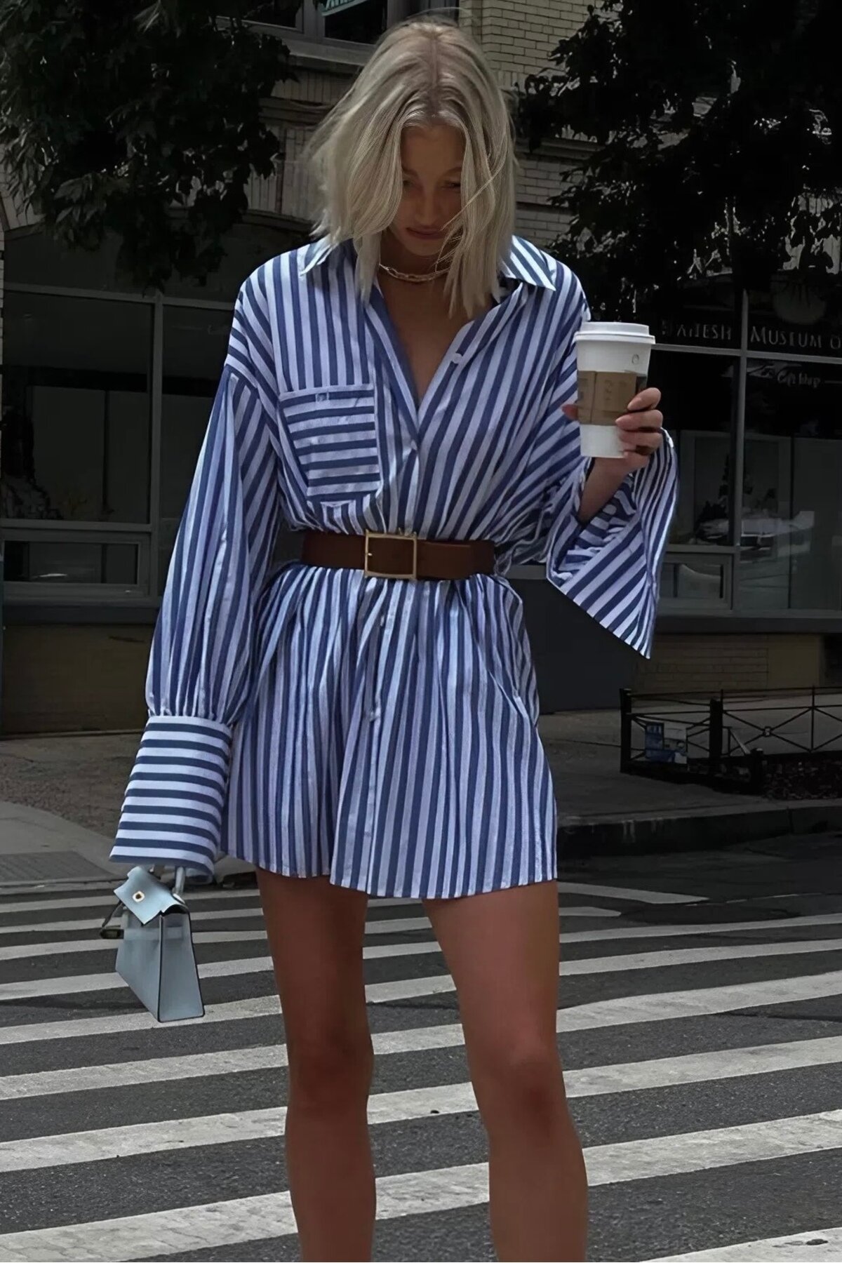 Blue Mini Striped Oversize Long Sleeve Shirt Dress - Baby Xclub