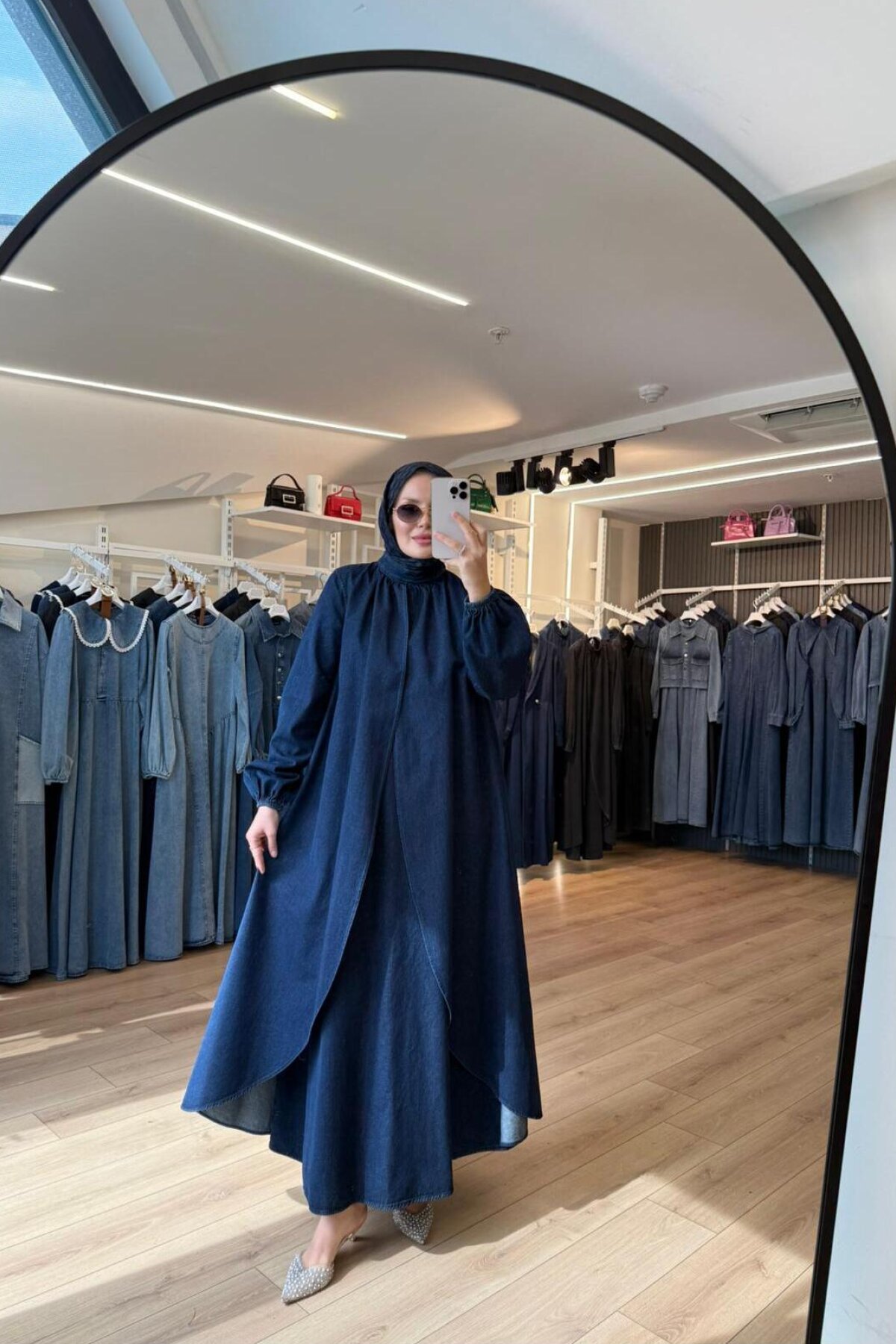 معطف أزرق بصف أزرار مزدوج في المقدمة، مكشكش بطول كامل، بأكمام بالون - OlaLady