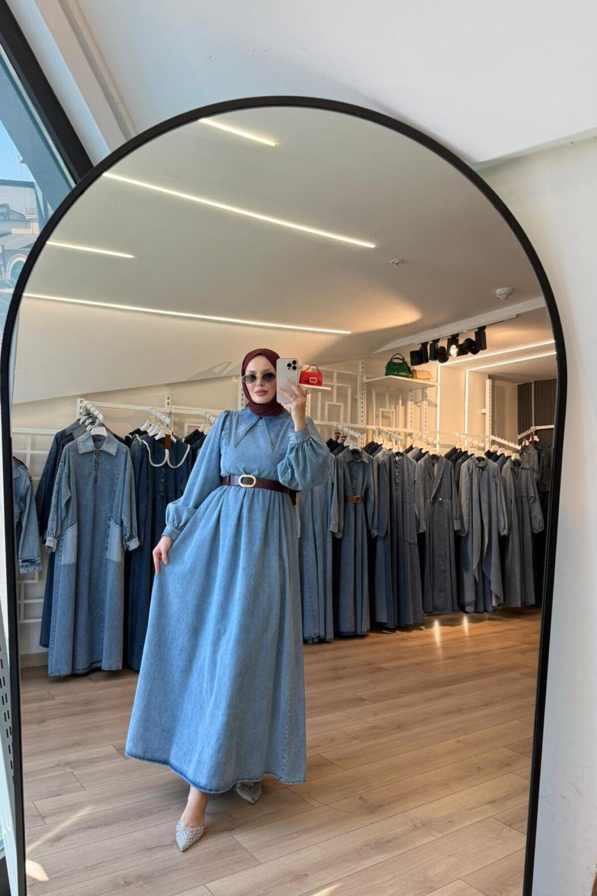Blue Pointed Collar Balloon Sleeve Modest Denim Trench Coat - OlaLady