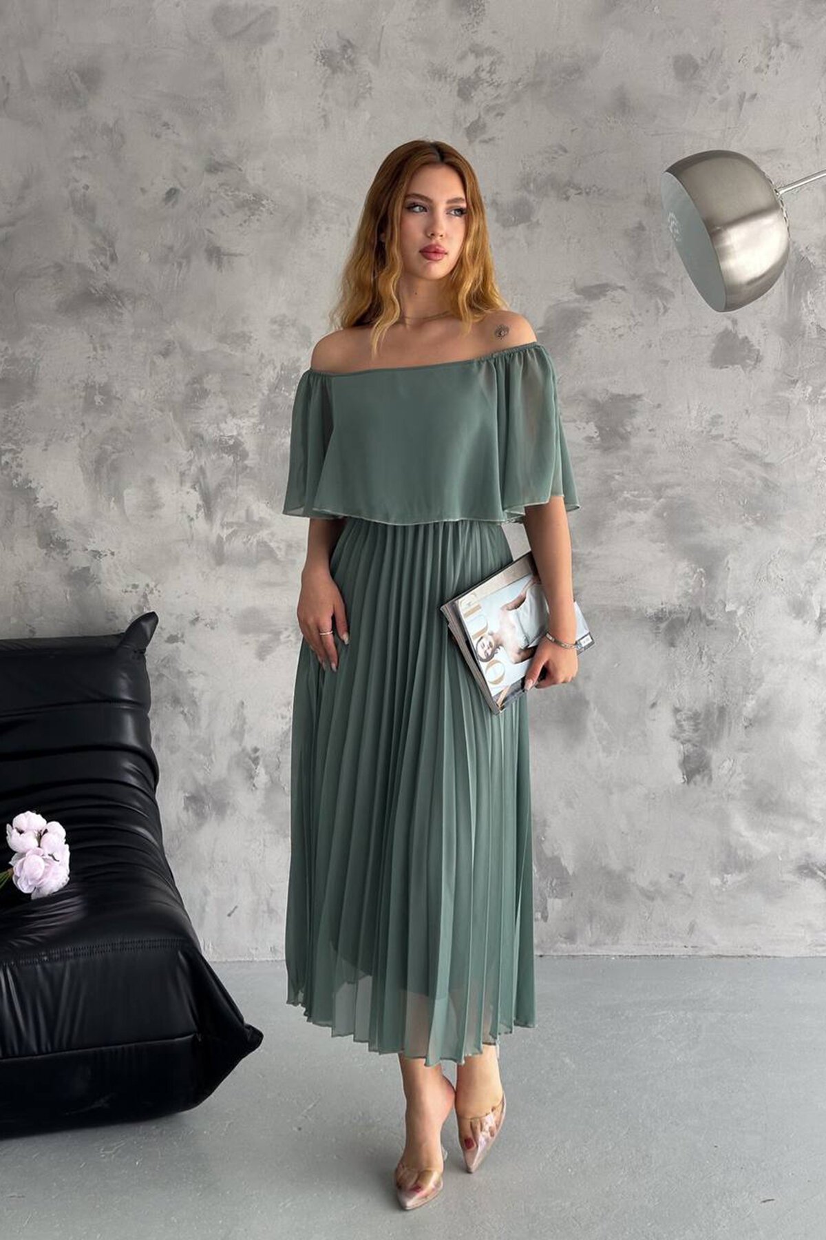 Mint Midi Madonna Yaka Piliseli Şifon Elbise - XXL BUTİK