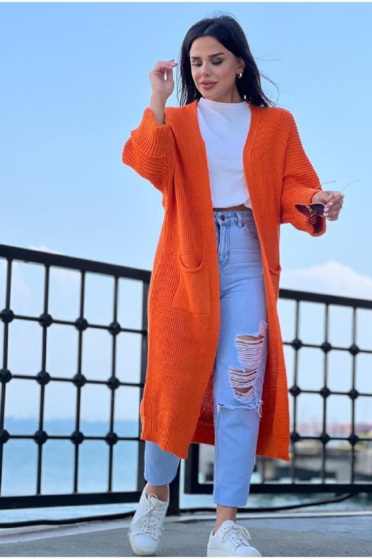 Chic Orange Knit Cardigan with Folded Sleeves and Long Pockets - SFG Life Moda