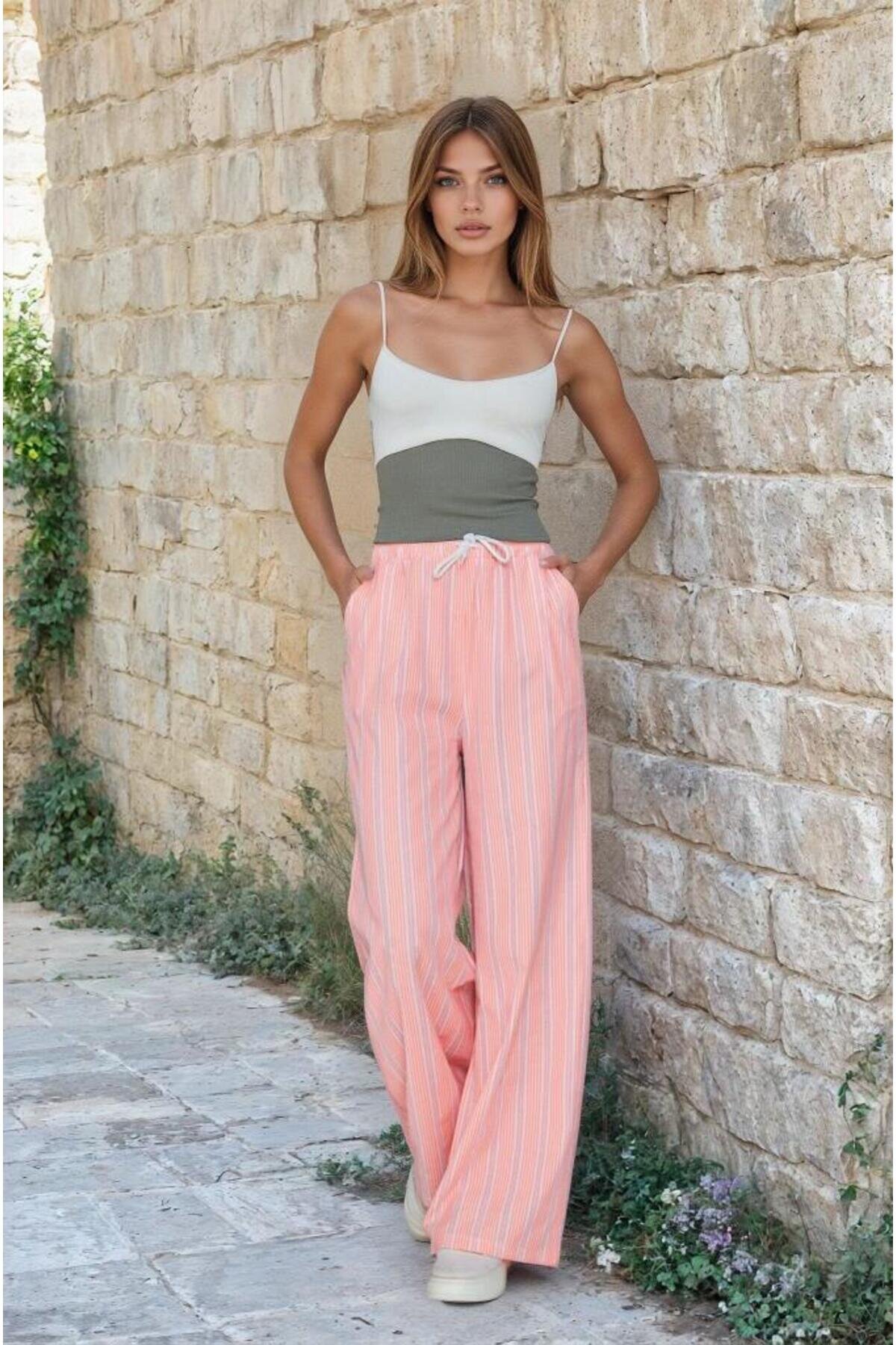 Pink White Wide Leg Poplin Relaxed Fit Pants with Pockets, Drawstring Waist, and Broderie Anglaise Detail - Pasaklı Giyim