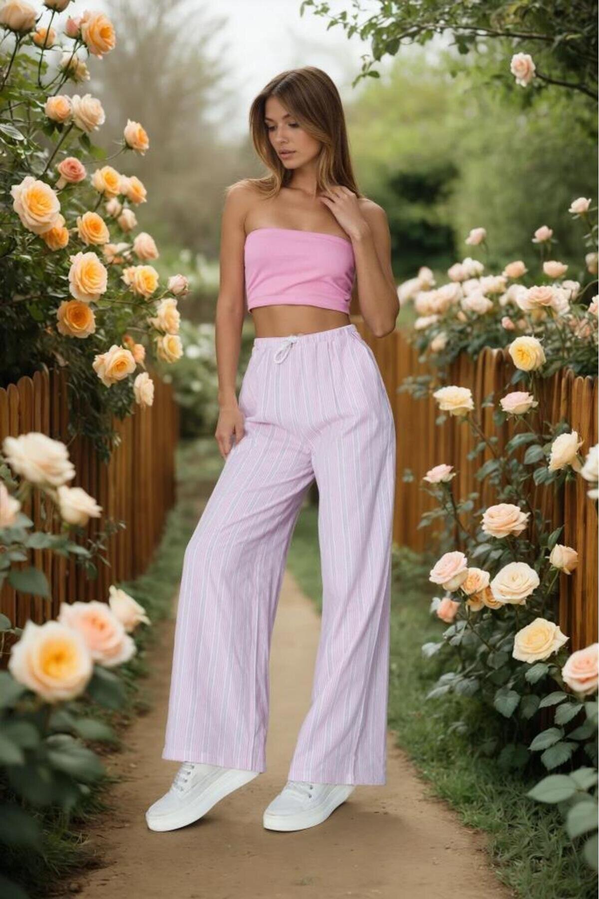 Pink Relaxed Fit Wide-Leg Poplin Pants with Pockets, Drawstring Waist, and Broderie Anglaise Detail - Pasaklı Giyim