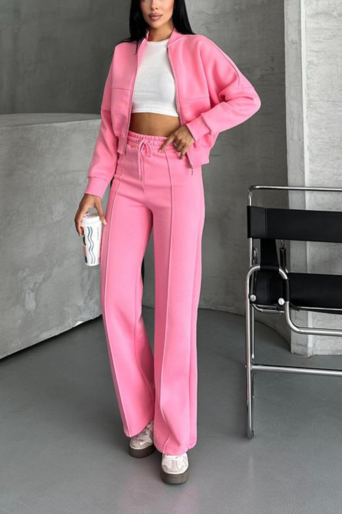 Pembe Kadın Oversize Sweat Pantolon Eşofman Takımı - XXL BUTİK