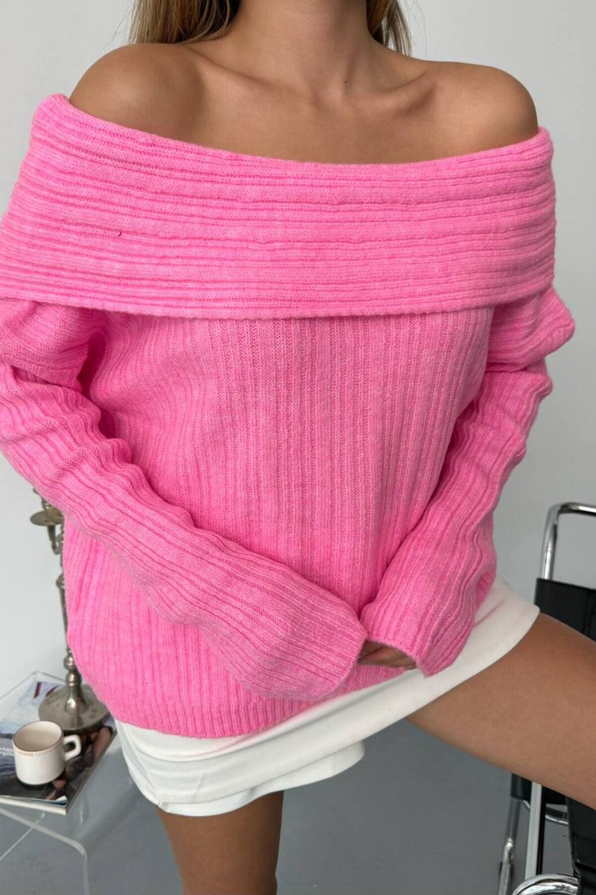 Pembe Kalın Madonna Yaka Triko Kazak - İLKCET MODA