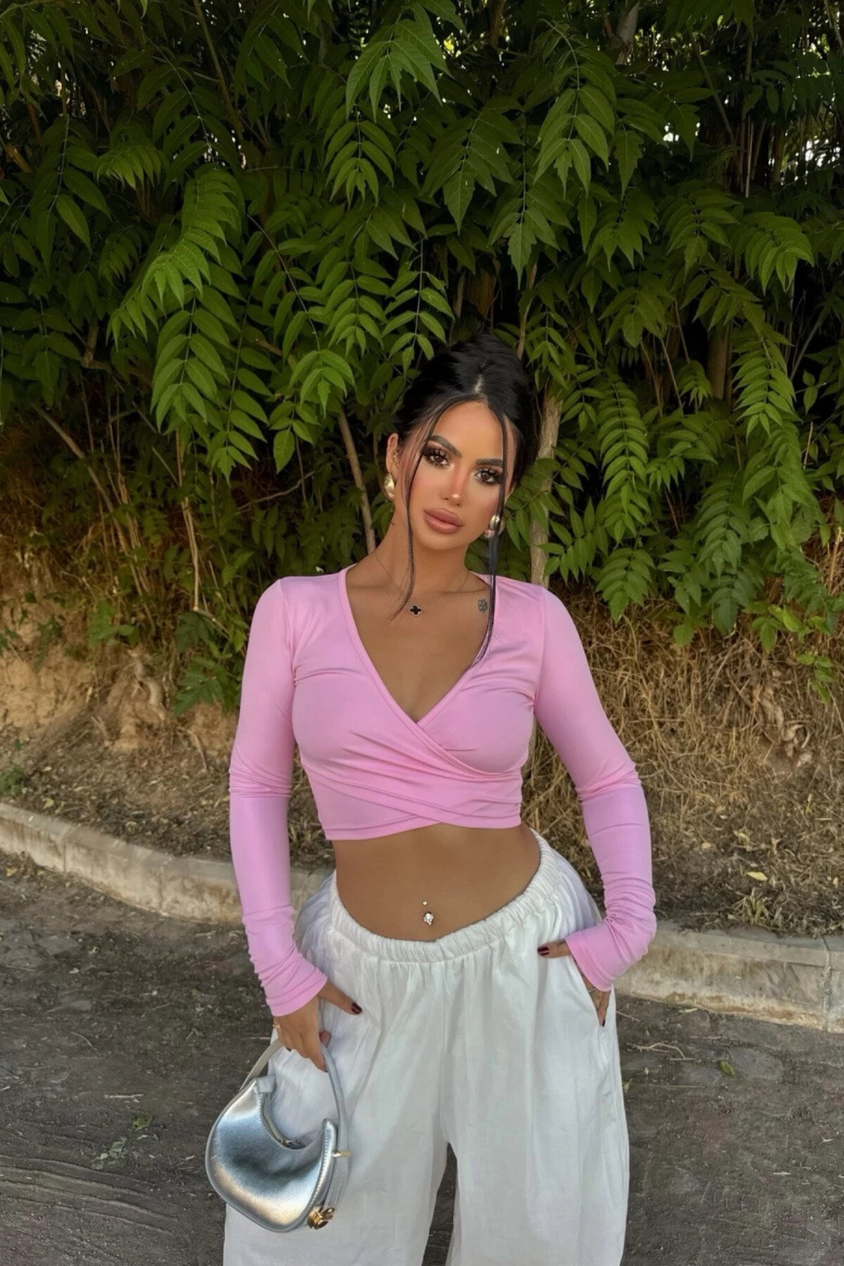 Pink Wrap Neck Scuba Crop Blouse - MOZENA