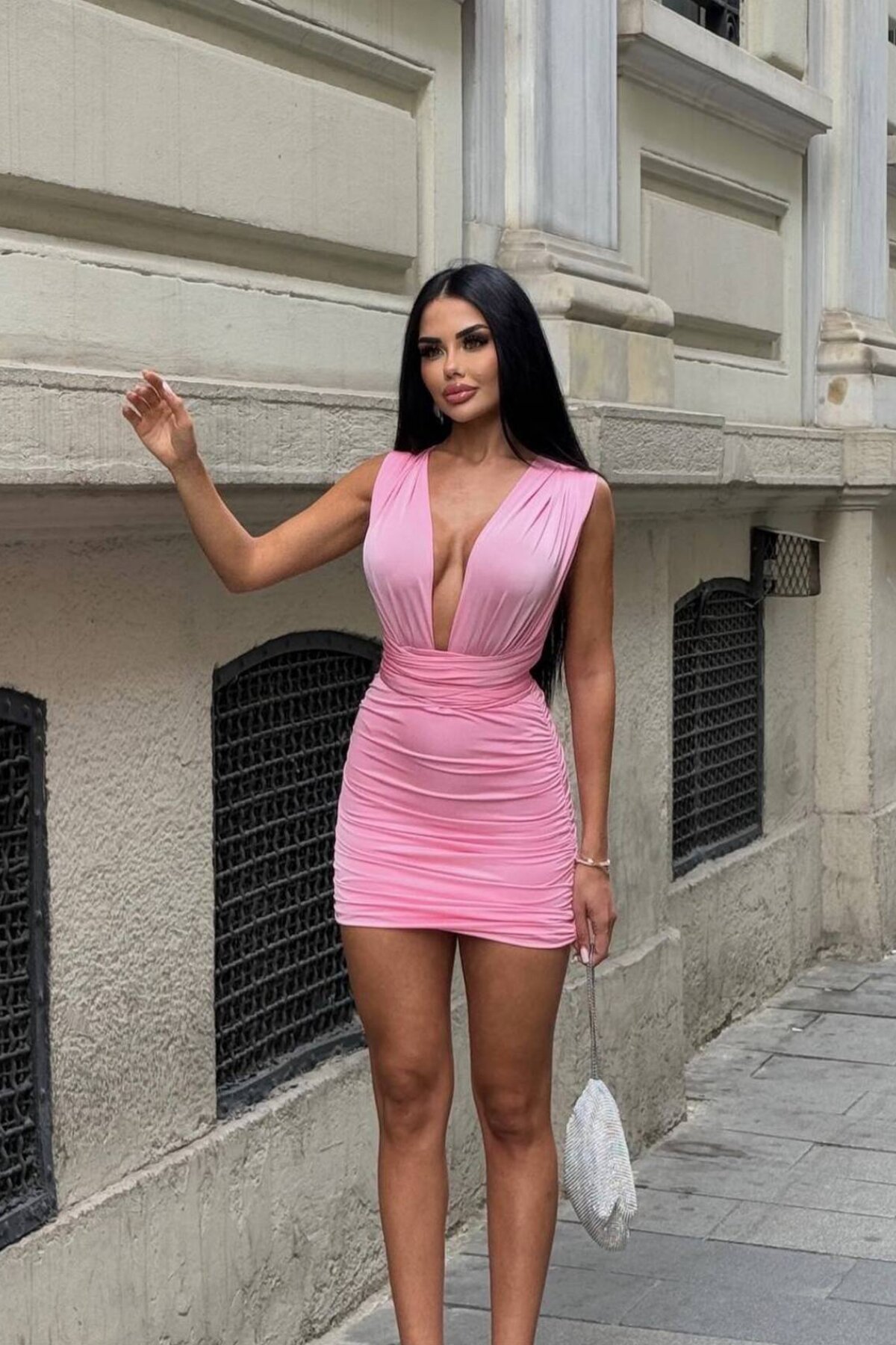 Pembe Mini Farklı Bağlamalı Büzgülü Abiye Elbise - limited black