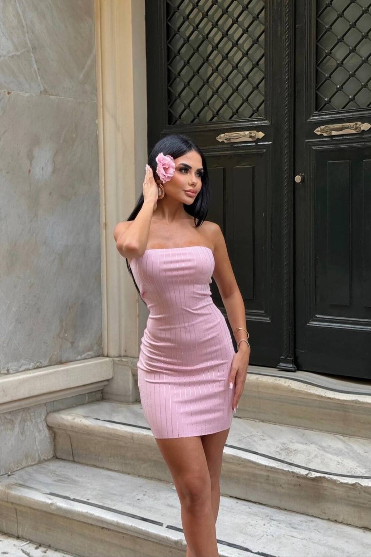 Pembe Mini Zirkonyum Taşlı Straplez Abiye Elbise - limited black
