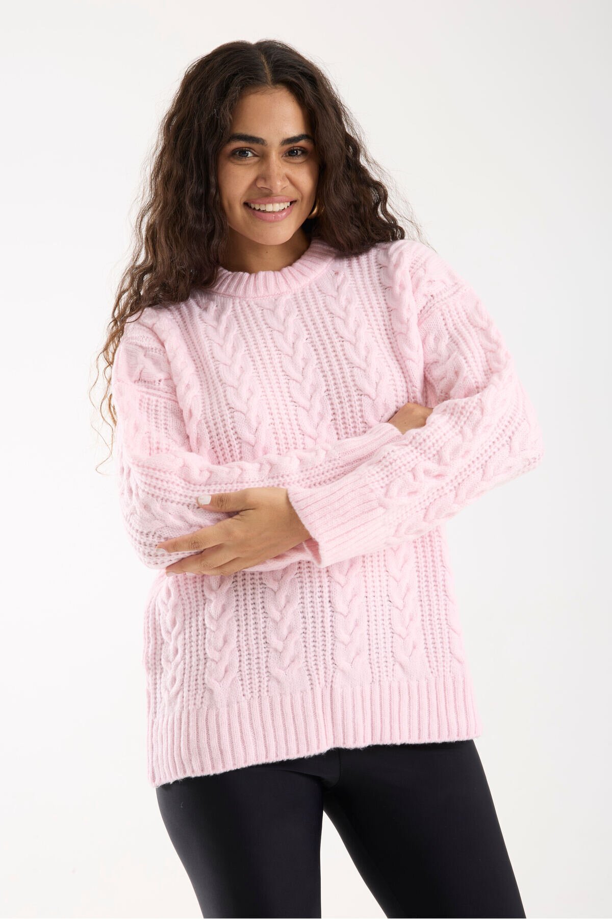 Pembe Selanik Örgü Oversize Triko Uzun Kazak - İLKCET MODA