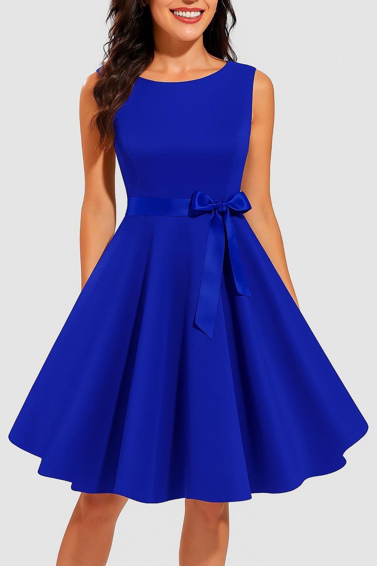 Saks Blue Midi Thick Strapped Round Neck Belted Pleated Crepe Fabric Dress - Deafox