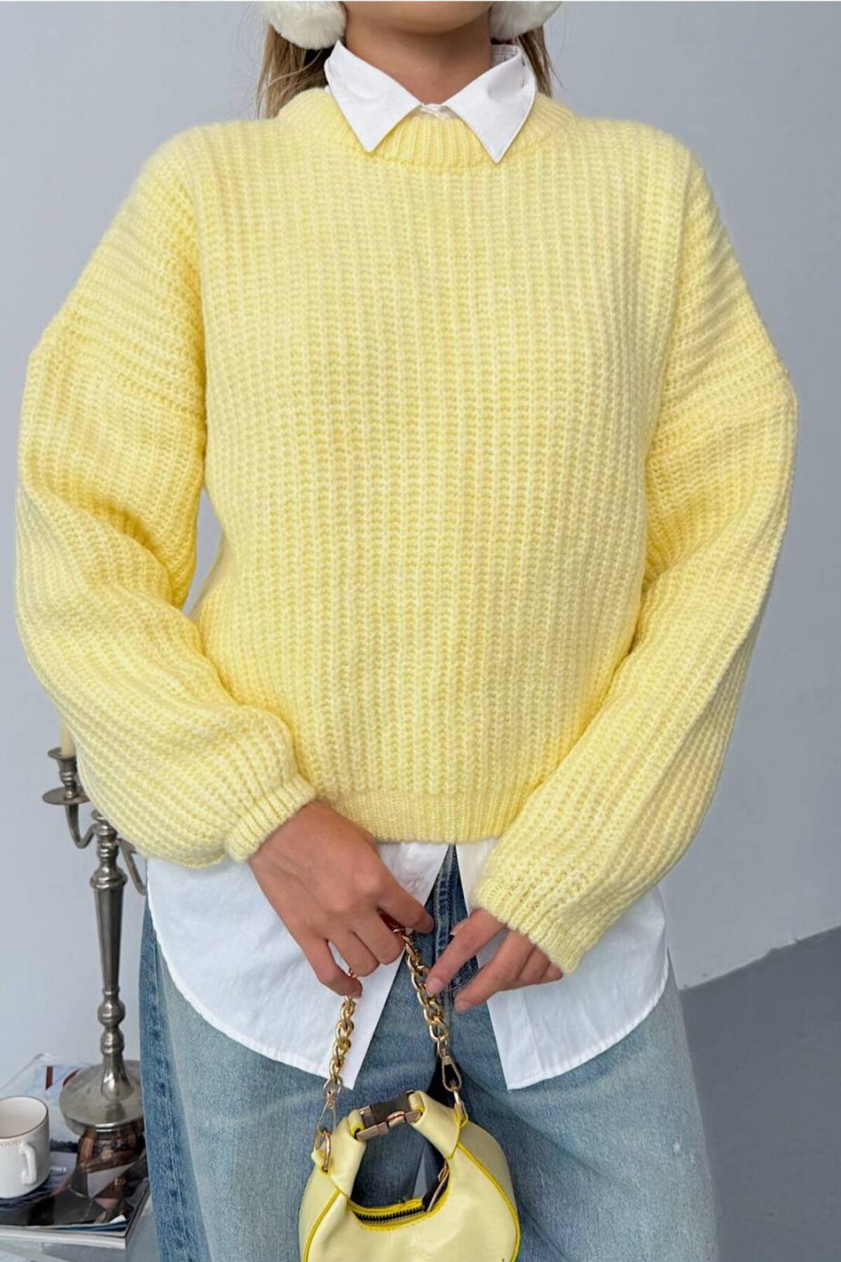 كنزة تريكو أوفرسايز بأكمام بالون صفراء - İLKCET MODA