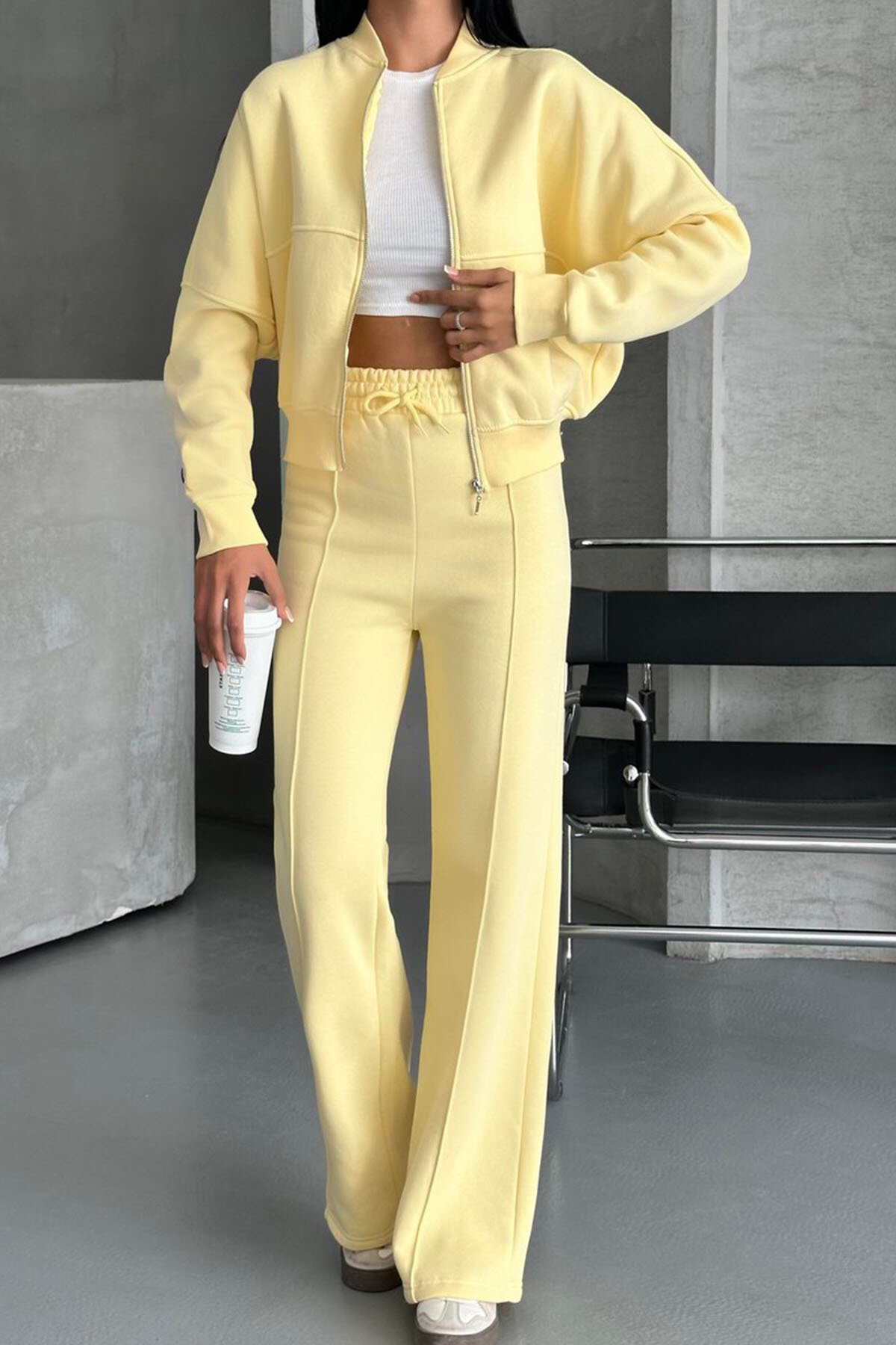 Sarı Kadın Oversize Sweat Pantolon Eşofman Takımı - XXL BUTİK
