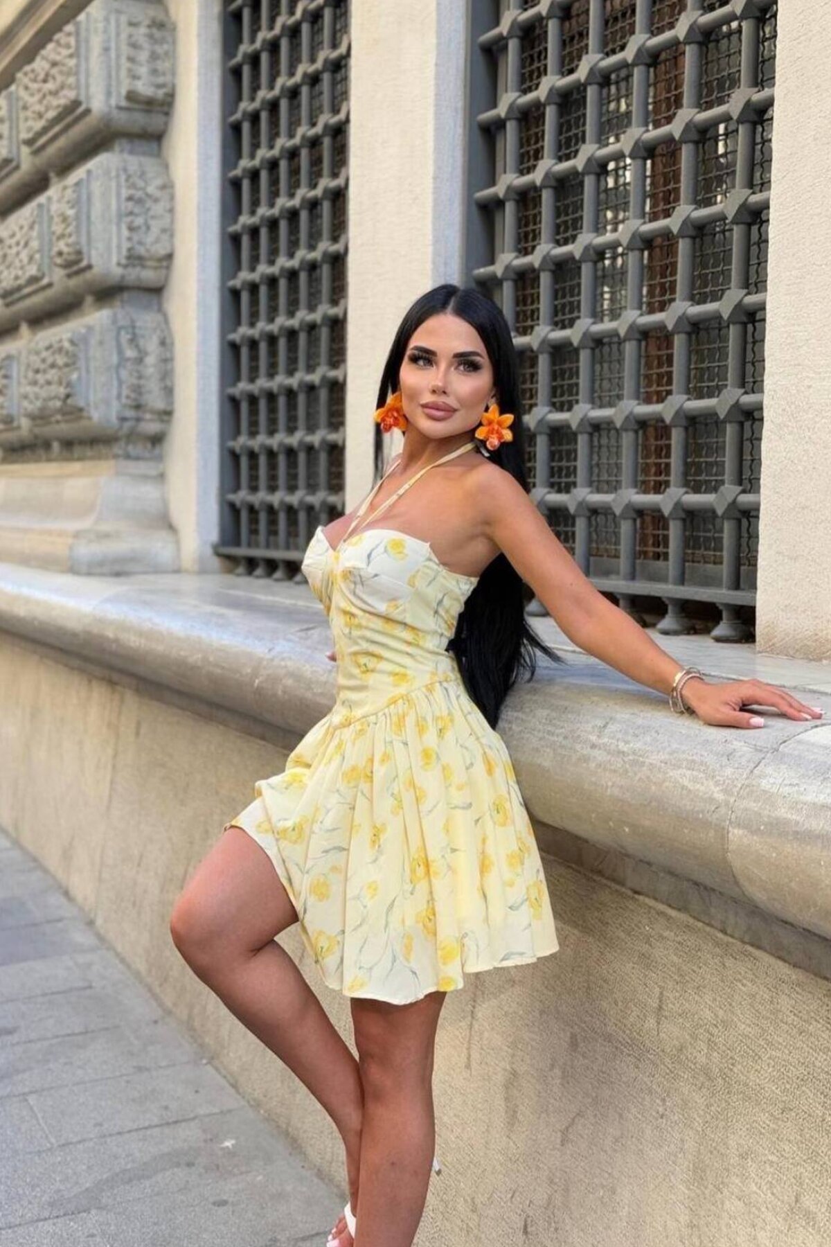Yellow Mini Floral Patterned Bustier Detailed Halter Dress - VİSKALİ