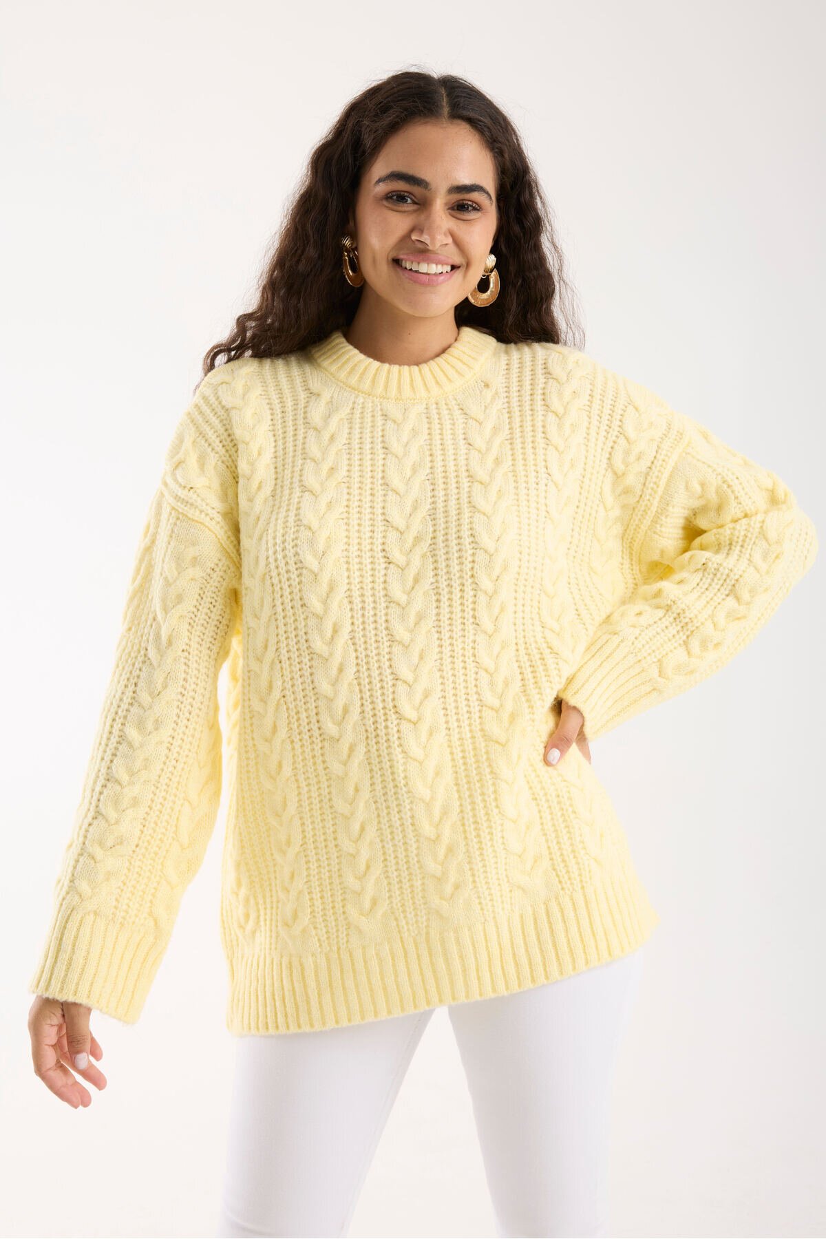 Sarı Selanik Örgü Oversize Triko Uzun Kazak - İLKCET MODA