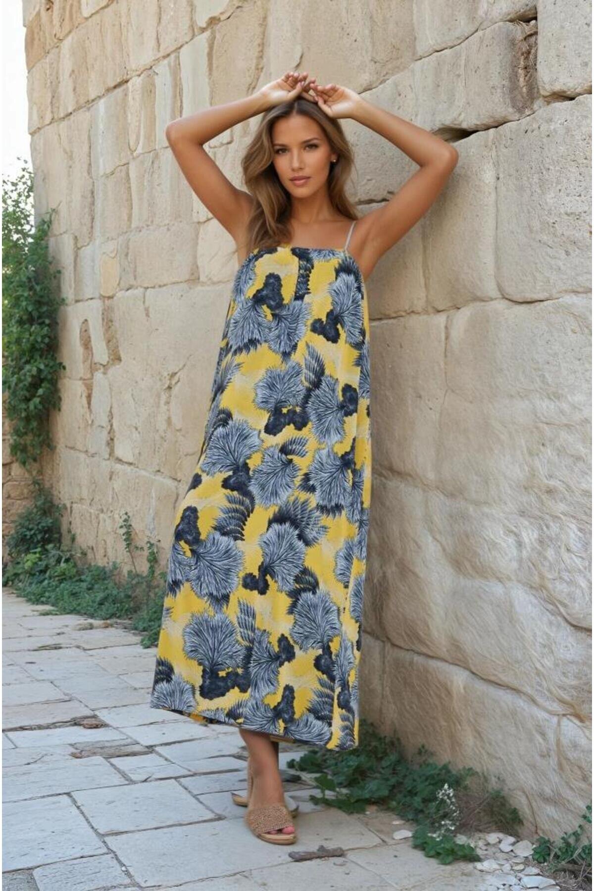 Yellow Long Strapless Lined Chiffon Summer Dress - Pasaklı Giyim