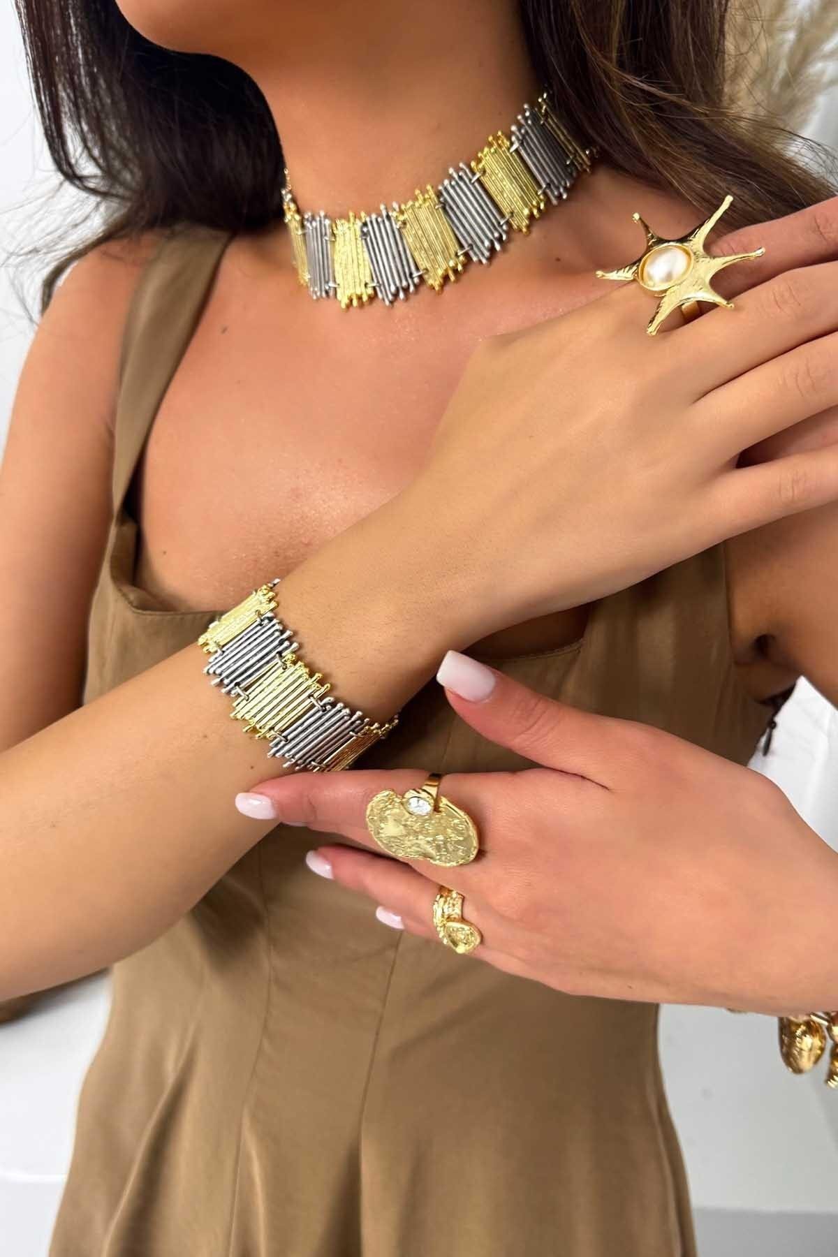 سوار عمودي معتق فضي وذهبي - Byp Atelier