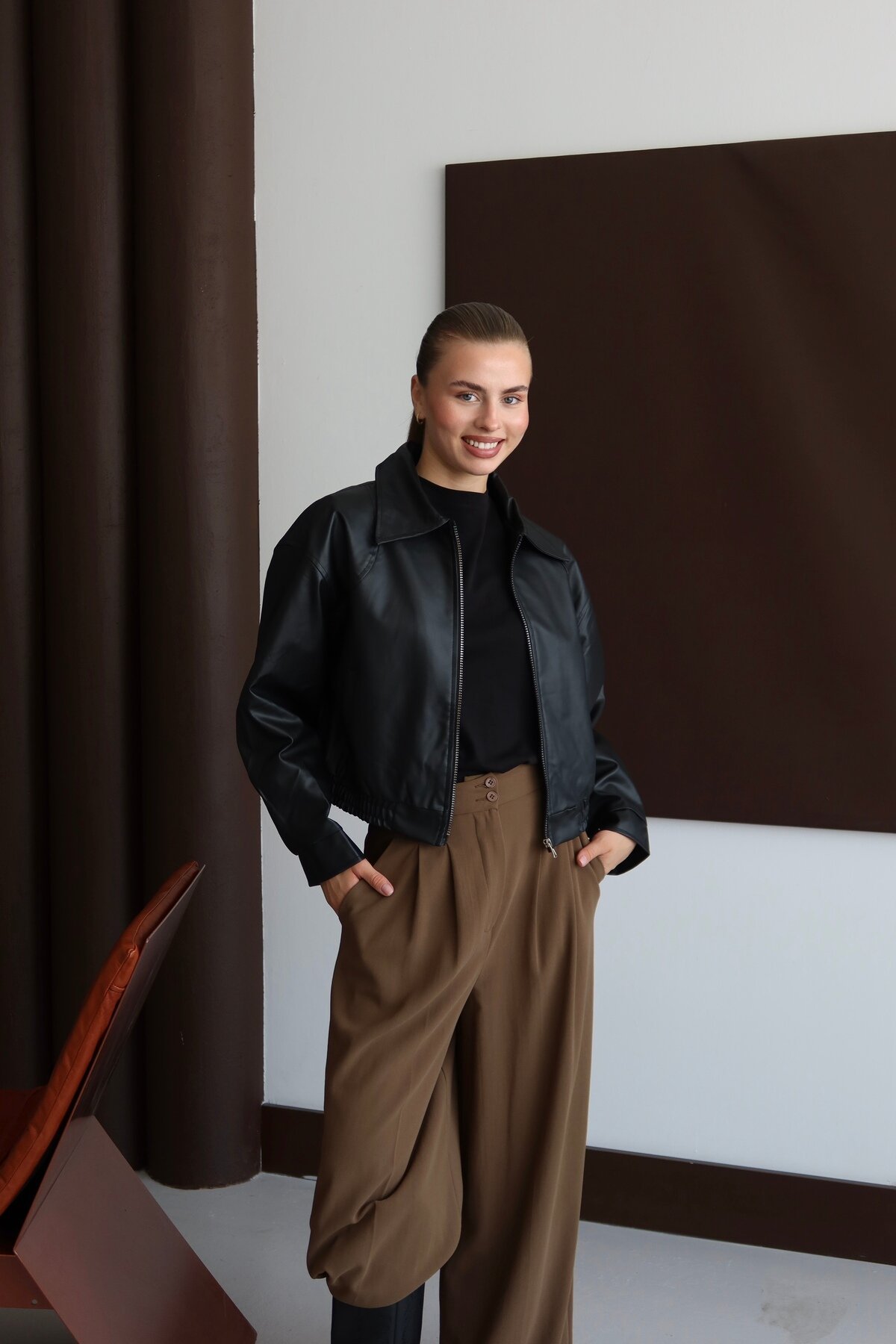 Black Bomber Leather Jacket - LOISY