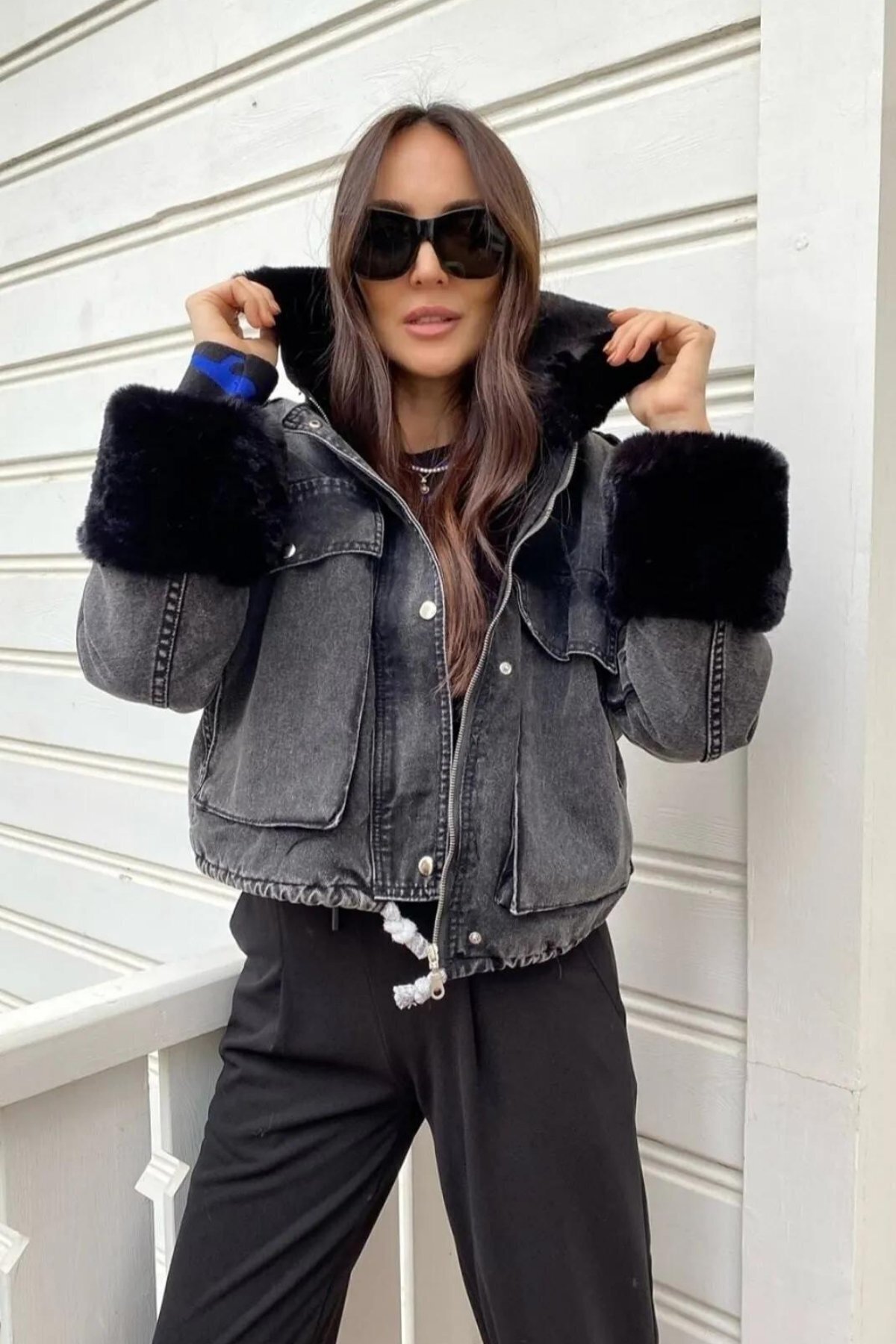 Siyah Denim İçi Full Kürklü Mont - BK BOUTİQUE