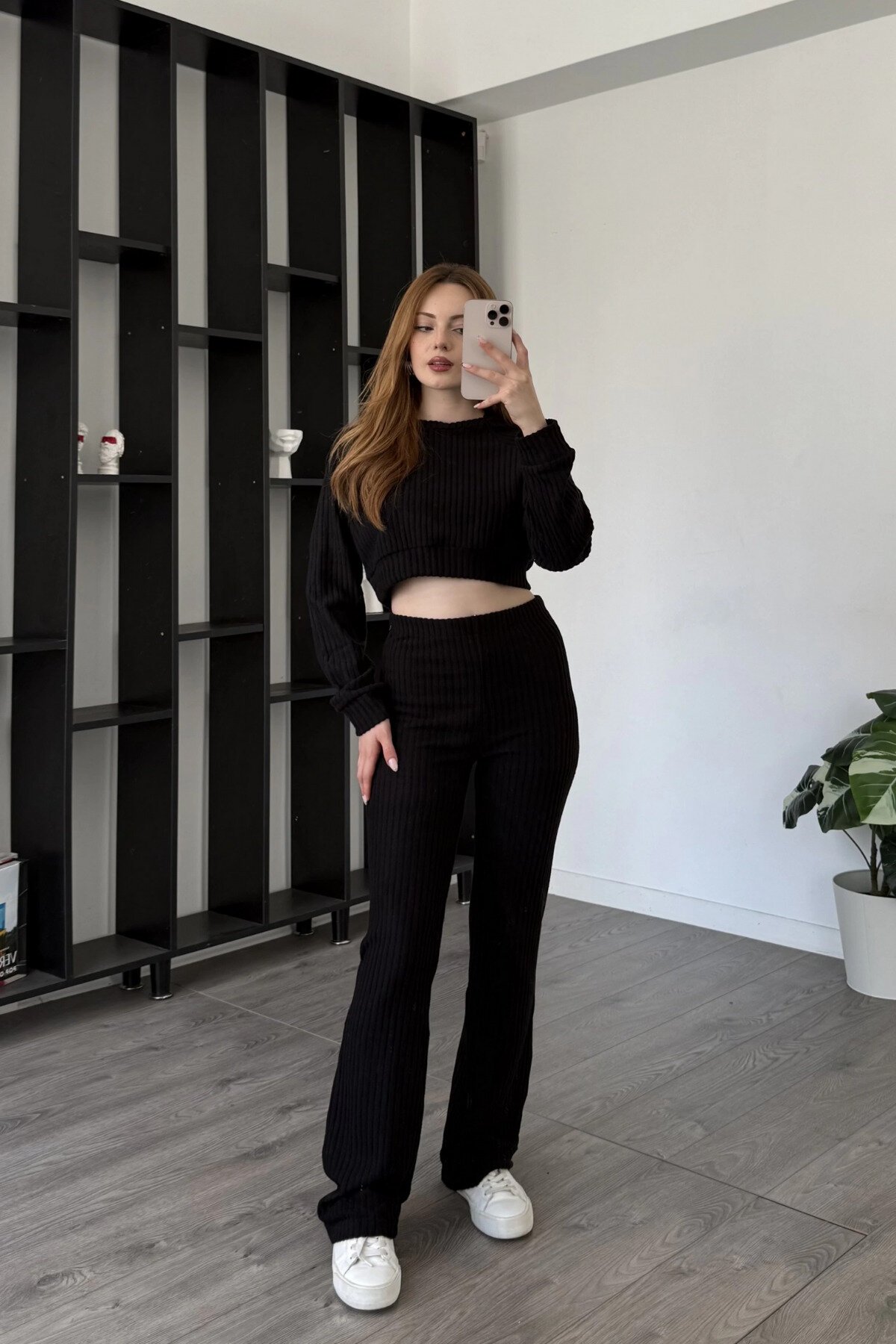 Black Ribbed Crop Blouse Two-Piece Pants Set - MOZENA