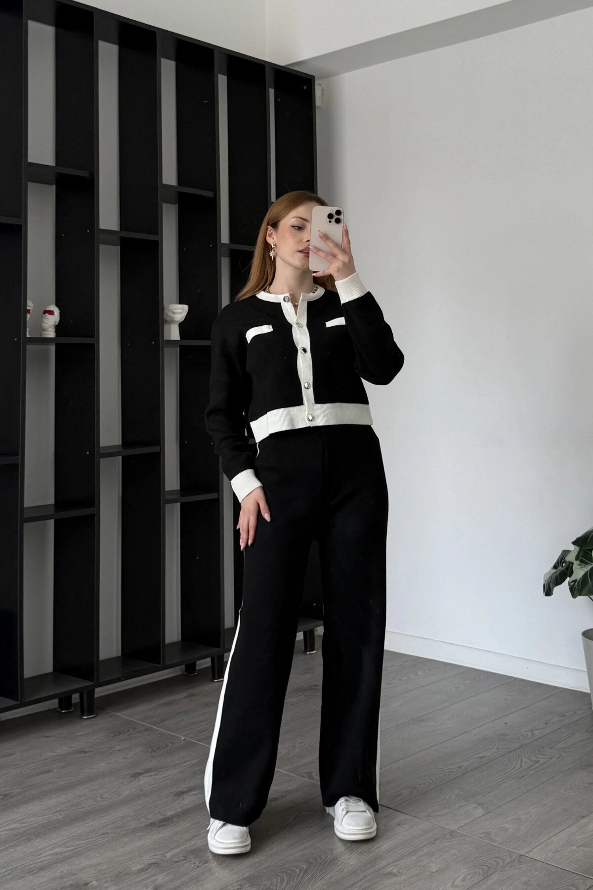 Black Trimmed Knit Buttoned Two-Piece Set - MOZENA