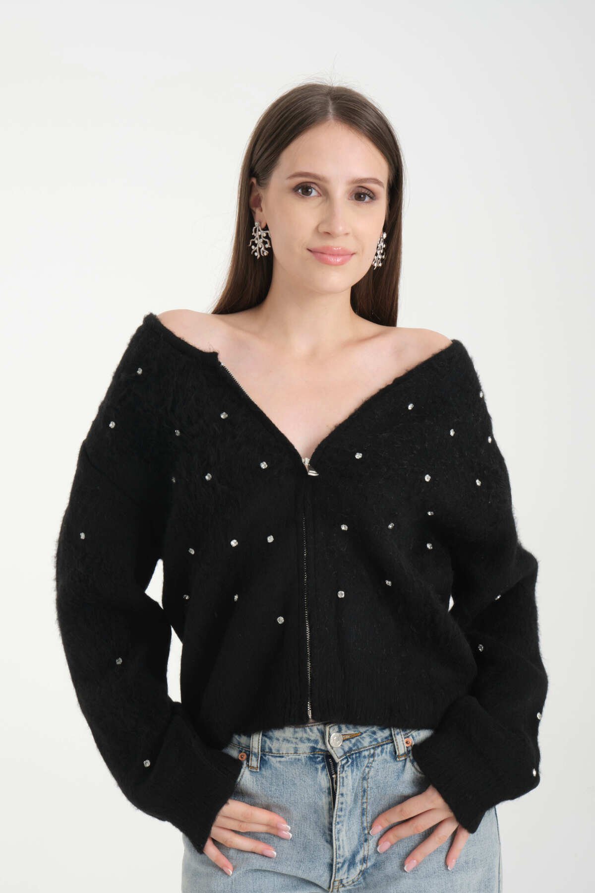 Siyah İnci Taşlı Esnek Triko Cepli Hırka - İLKCET MODA