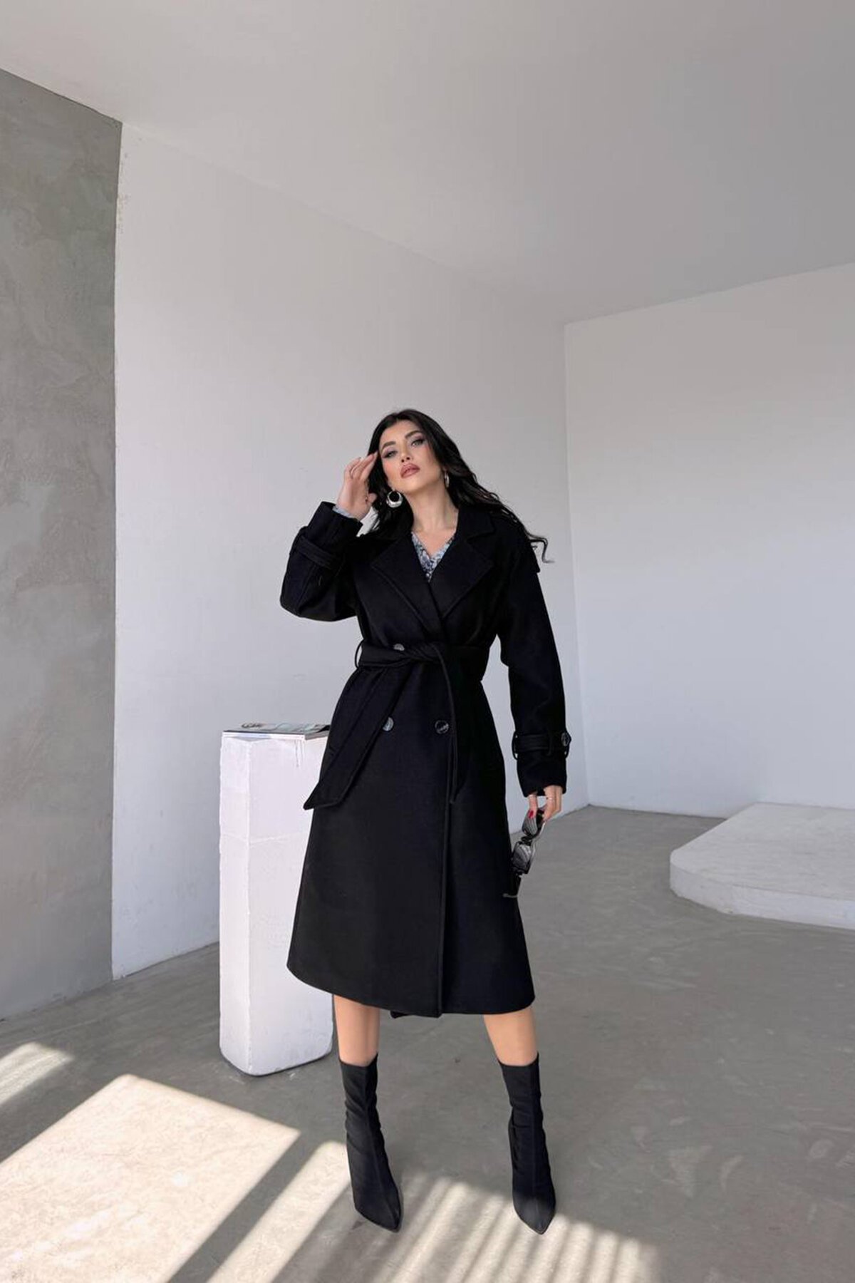 Siyah İthal Kumaş Kaşe Kaban - XXL BUTİK