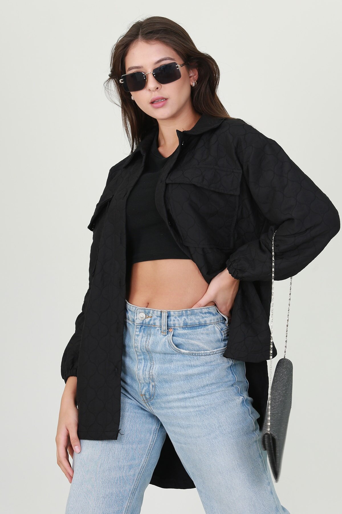 Black Quilted Embroidered Oversize Regular Jacket - Genel Markalar