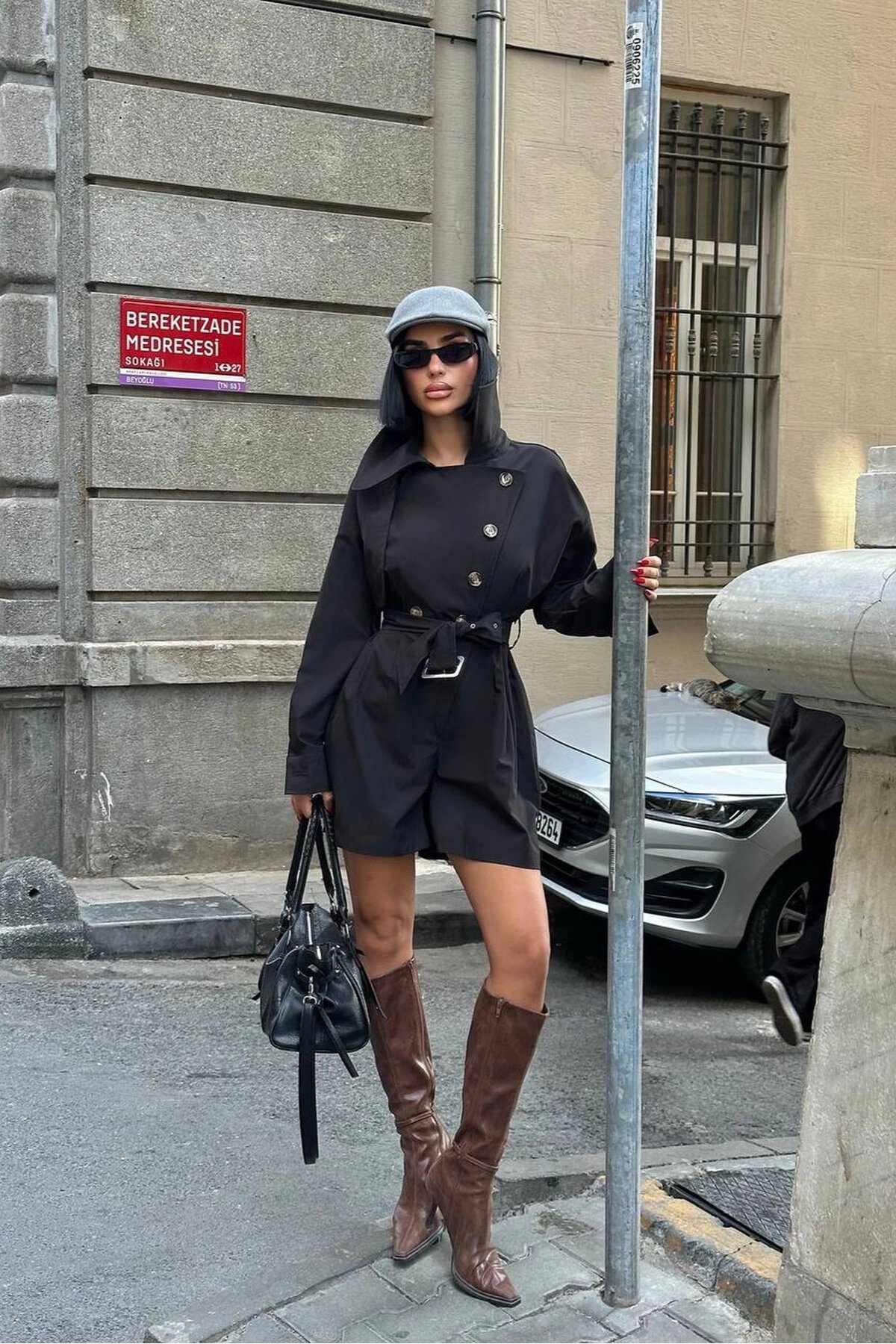 Black Belted Button Detailed Trench Coat Romper - VİSKALİ