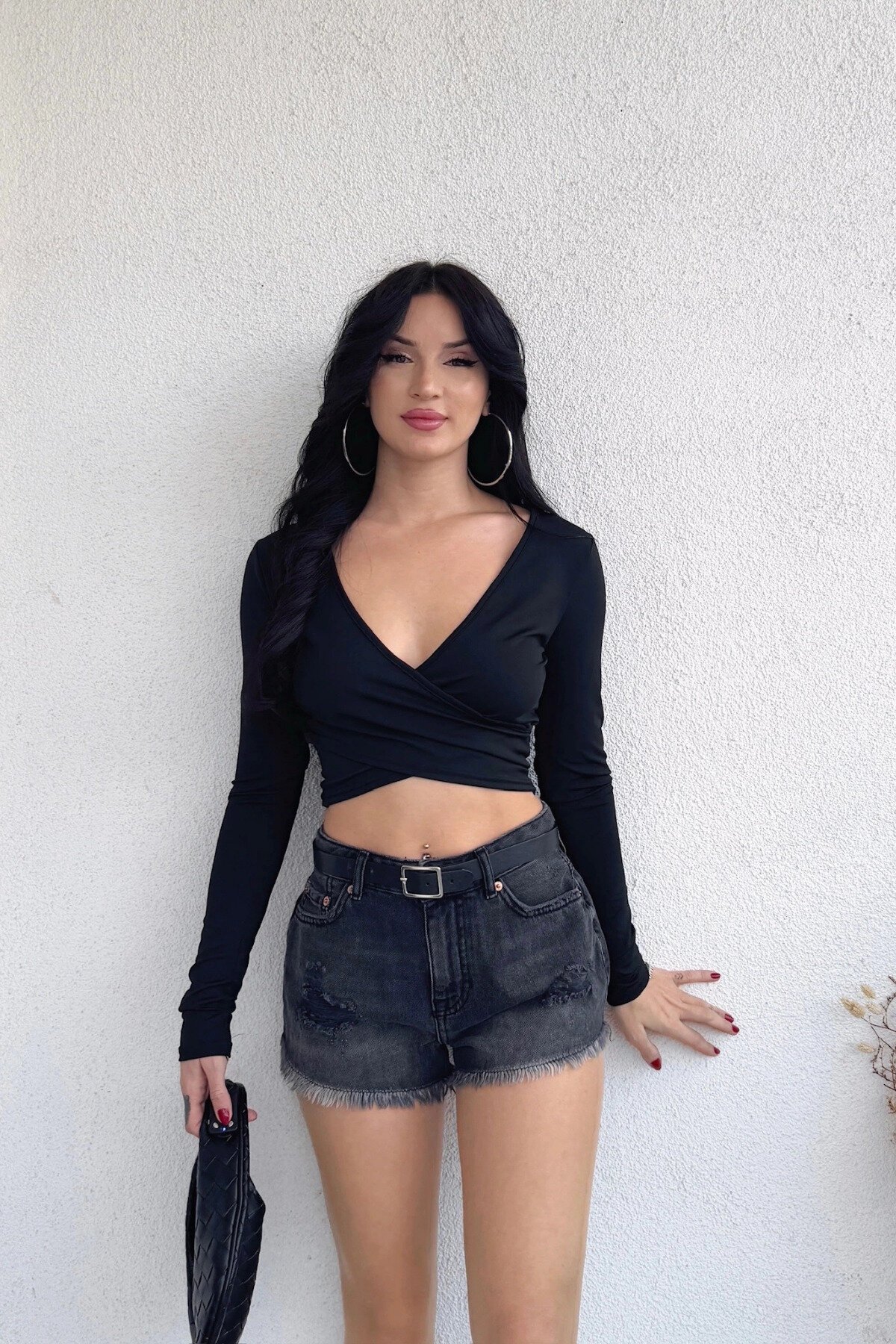 Black Crossover Neck Basic Scuba Fabric Crop Blouse - MOZENA