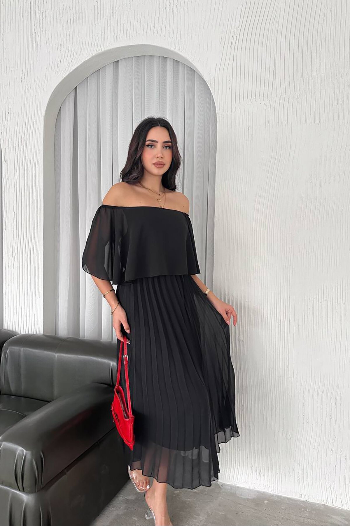 Siyah Midi Carmen Yaka Pileli Astarlı Şifon Elbise - XXL BUTİK